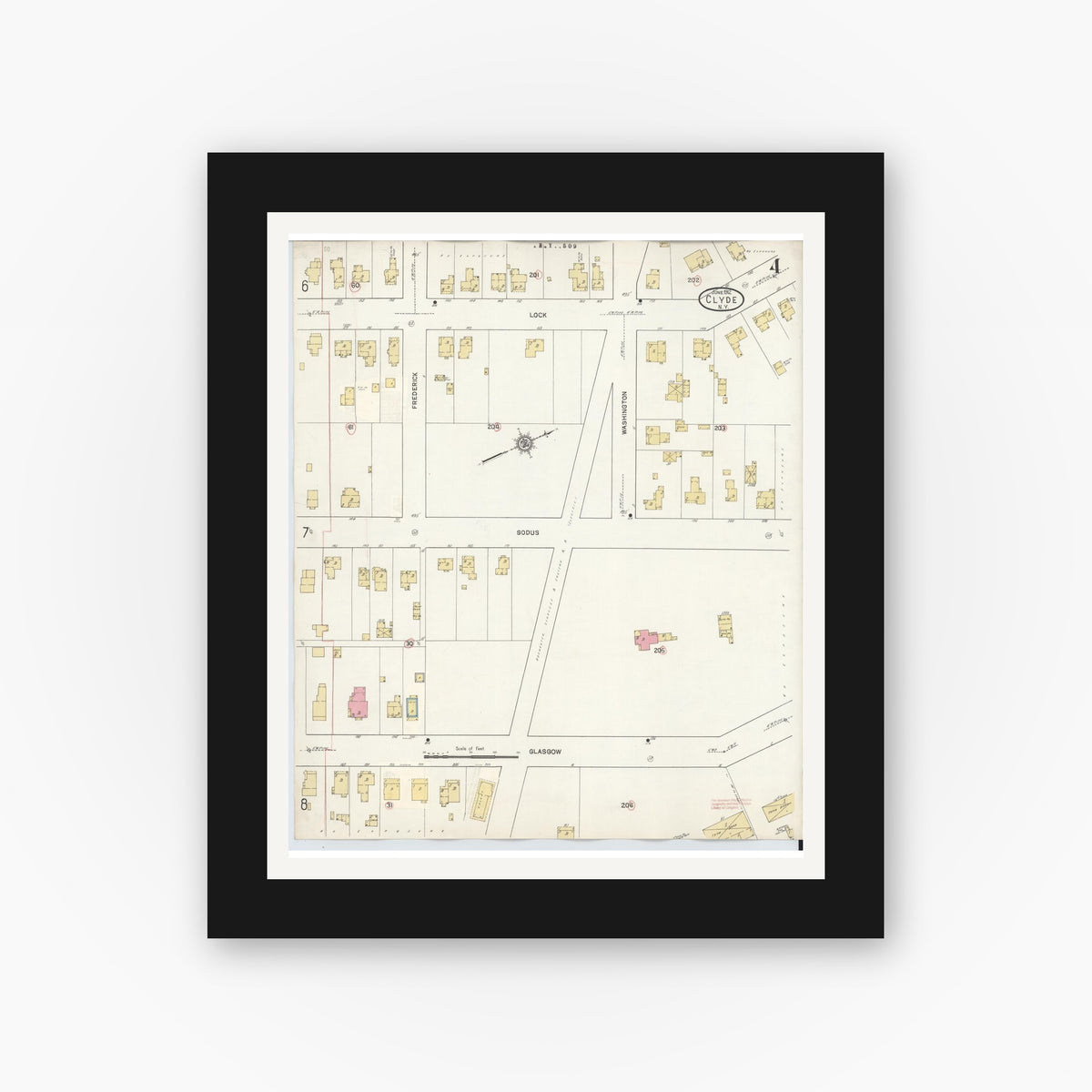 Old map wall art mockup — black gallery frame with white mat — Sanborn Fire Insurance Map from Clyde, Wayne County, New York (1932), Sheet #0004