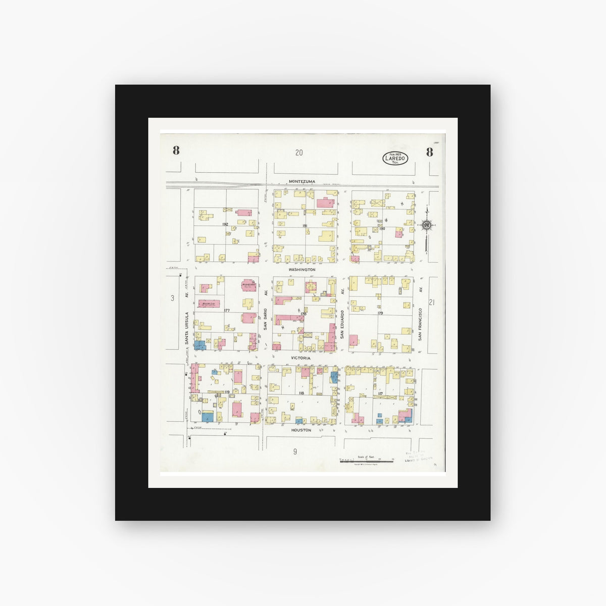 Old map wall art mockup — black gallery frame with white mat — Sanborn Fire Insurance Map from Laredo, Webb County, Texas (1925), Sheet #0008