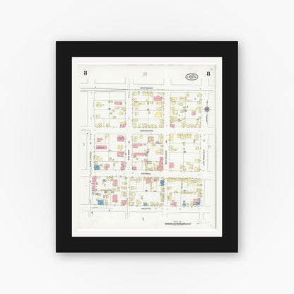 Old map wall art mockup — black gallery frame with white mat — Sanborn Fire Insurance Map from Laredo, Webb County, Texas (1925), Sheet #0008