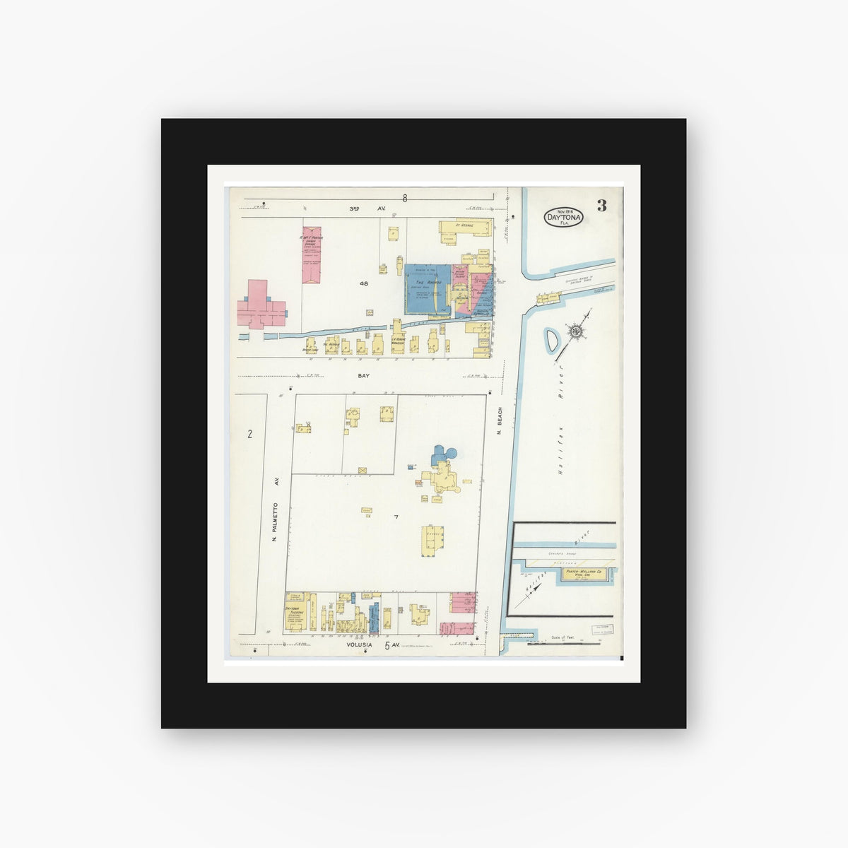 Old map wall art mockup — black gallery frame with white mat — Sanborn Fire Insurance Map from Daytona, Volusia County, Florida (1916), Sheet #0003