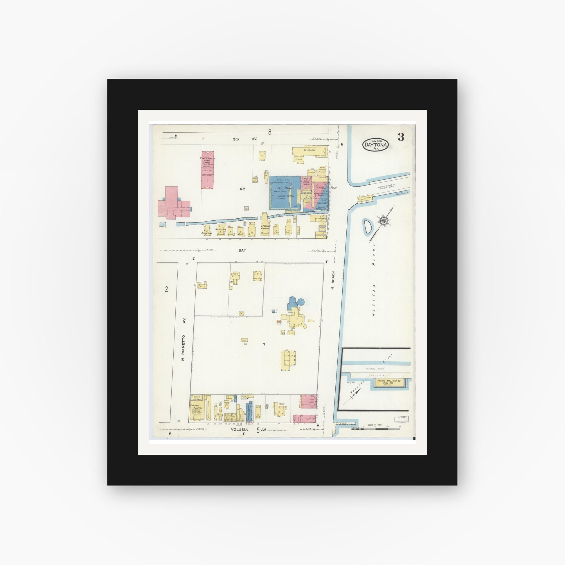 Old map wall art mockup — black gallery frame with white mat — Sanborn Fire Insurance Map from Daytona, Volusia County, Florida (1916), Sheet #0003