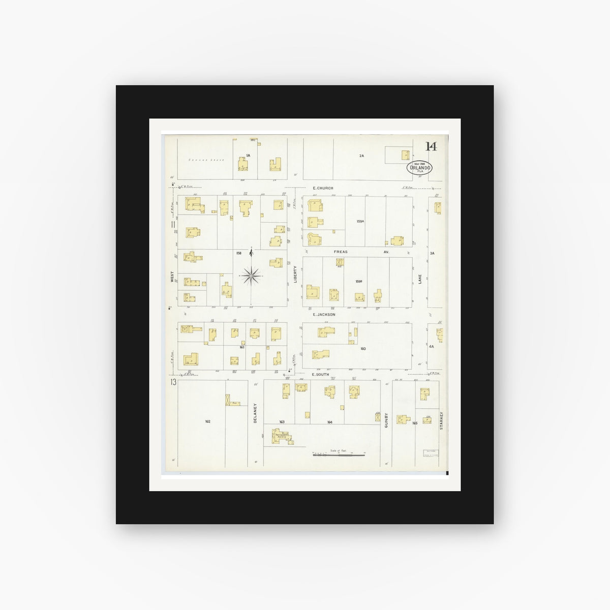 Old map wall art mockup — black gallery frame with white mat — Sanborn Fire Insurance Map from Orlando, Orange County, Florida (1908), Sheet #0014