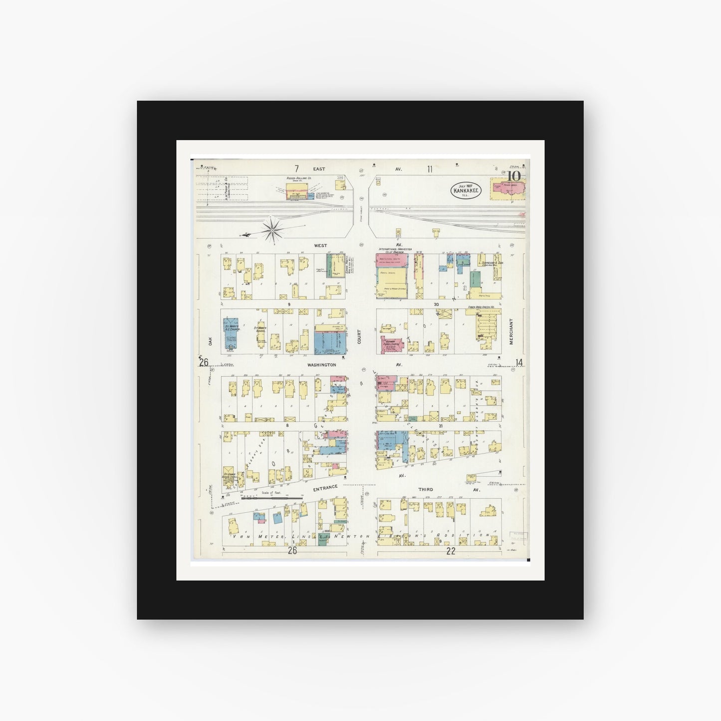 Old map wall art mockup — black gallery frame with white mat — Sanborn Fire Insurance Map from Kankakee, Kankakee County, Illinois (1907), Sheet #0010