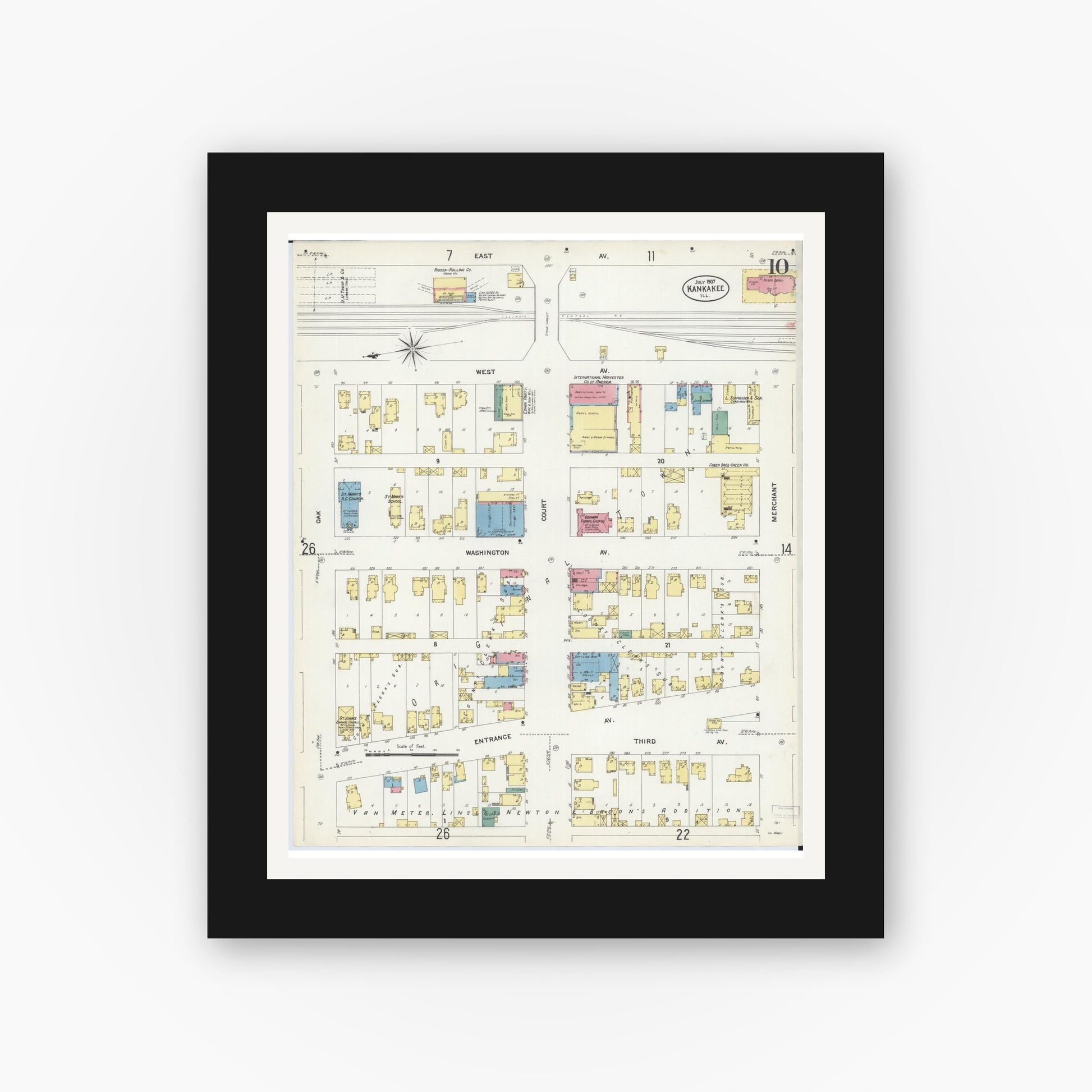 Old map wall art mockup — black gallery frame with white mat — Sanborn Fire Insurance Map from Kankakee, Kankakee County, Illinois (1907), Sheet #0010