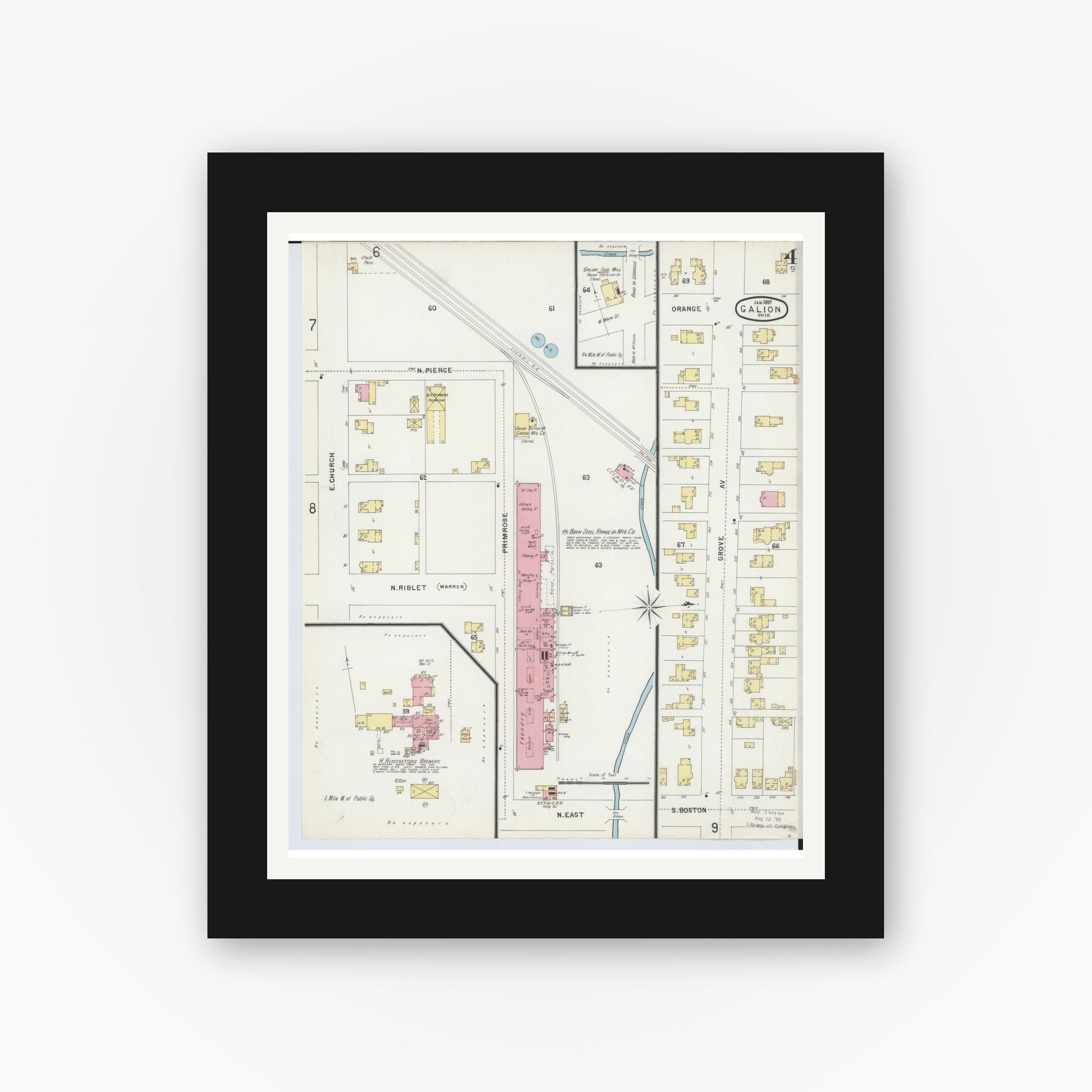 Old map wall art mockup — black gallery frame with white mat — Sanborn Fire Insurance Map from Galion, Crawford County, Ohio (1897), Sheet #0004