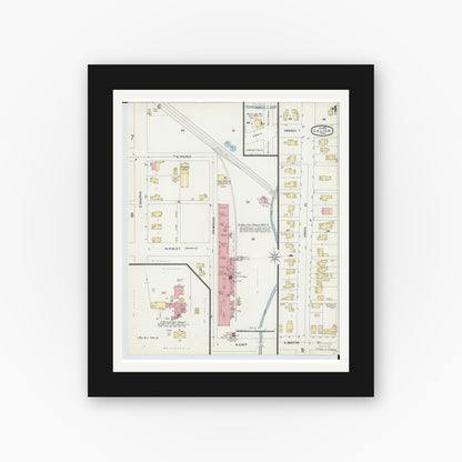 Old map wall art mockup — black gallery frame with white mat — Sanborn Fire Insurance Map from Galion, Crawford County, Ohio (1897), Sheet #0004
