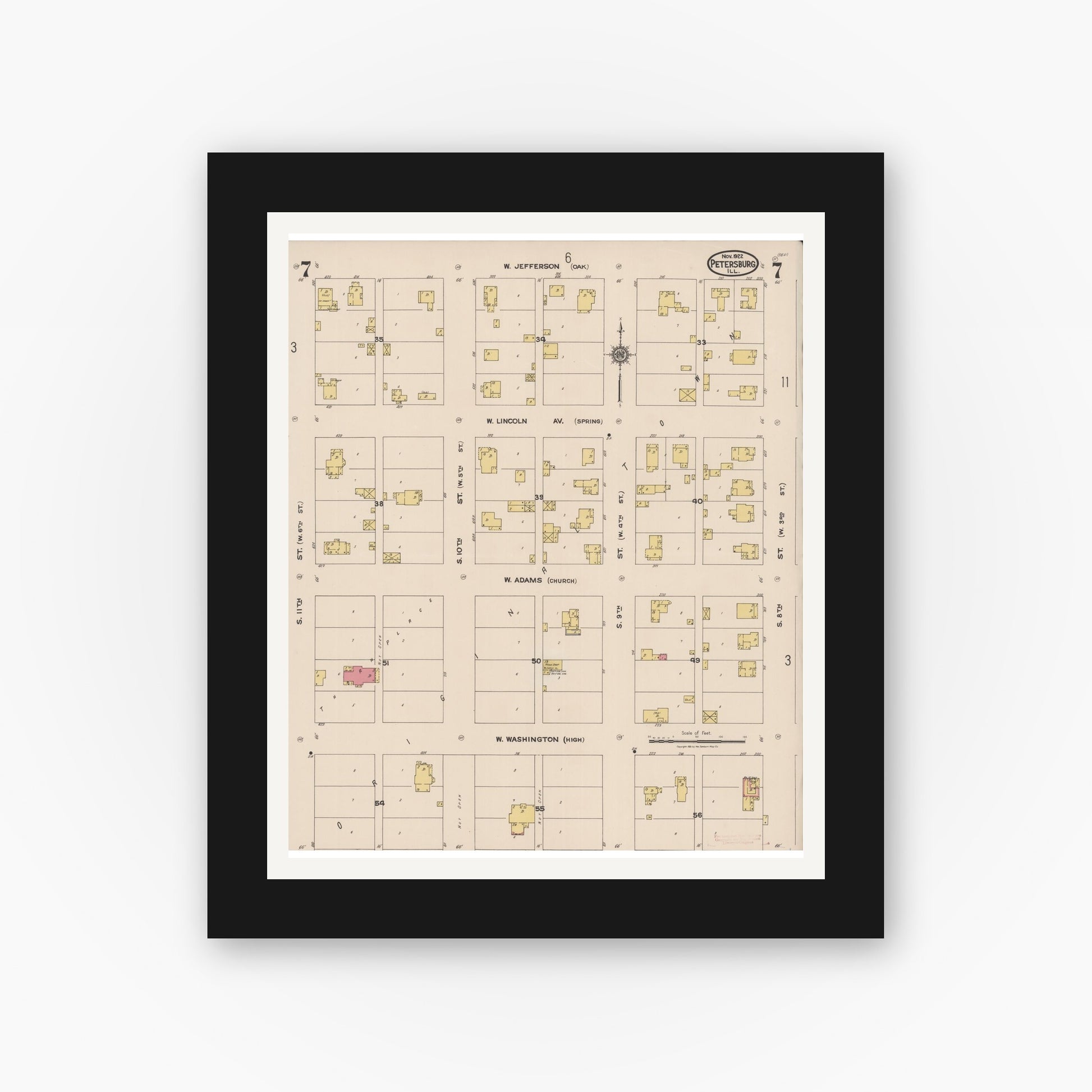 Old map wall art mockup — black gallery frame with white mat — Sanborn Fire Insurance Map from Petersburg, Menard County, Illinois (1922), Sheet #0007