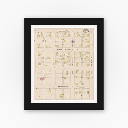Old map wall art mockup — black gallery frame with white mat — Sanborn Fire Insurance Map from Petersburg, Menard County, Illinois (1922), Sheet #0007