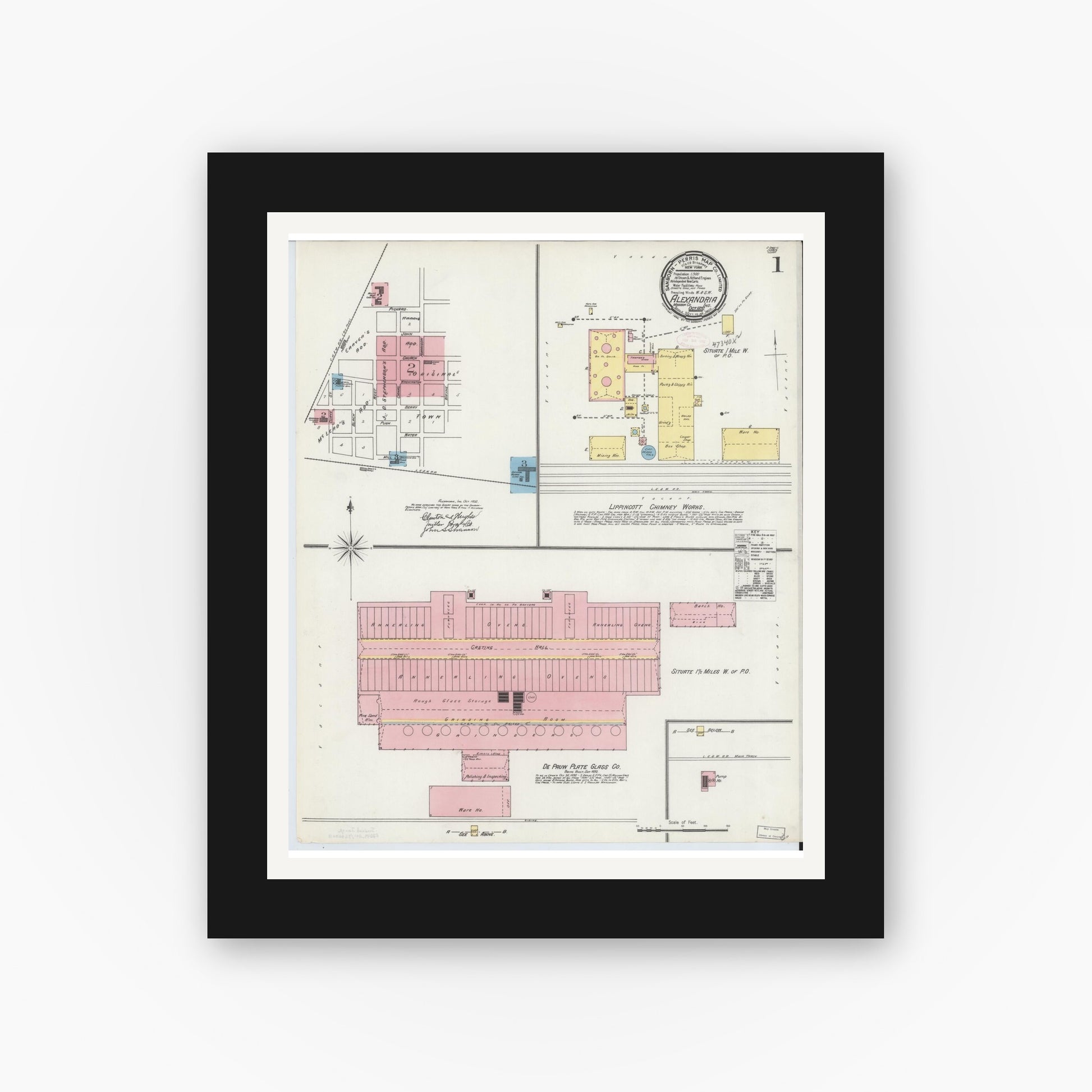 Old map wall art mockup — black gallery frame with white mat — Sanborn Fire Insurance Map from Alexandria, Madison County, Indiana (1892) - Complete Map Set