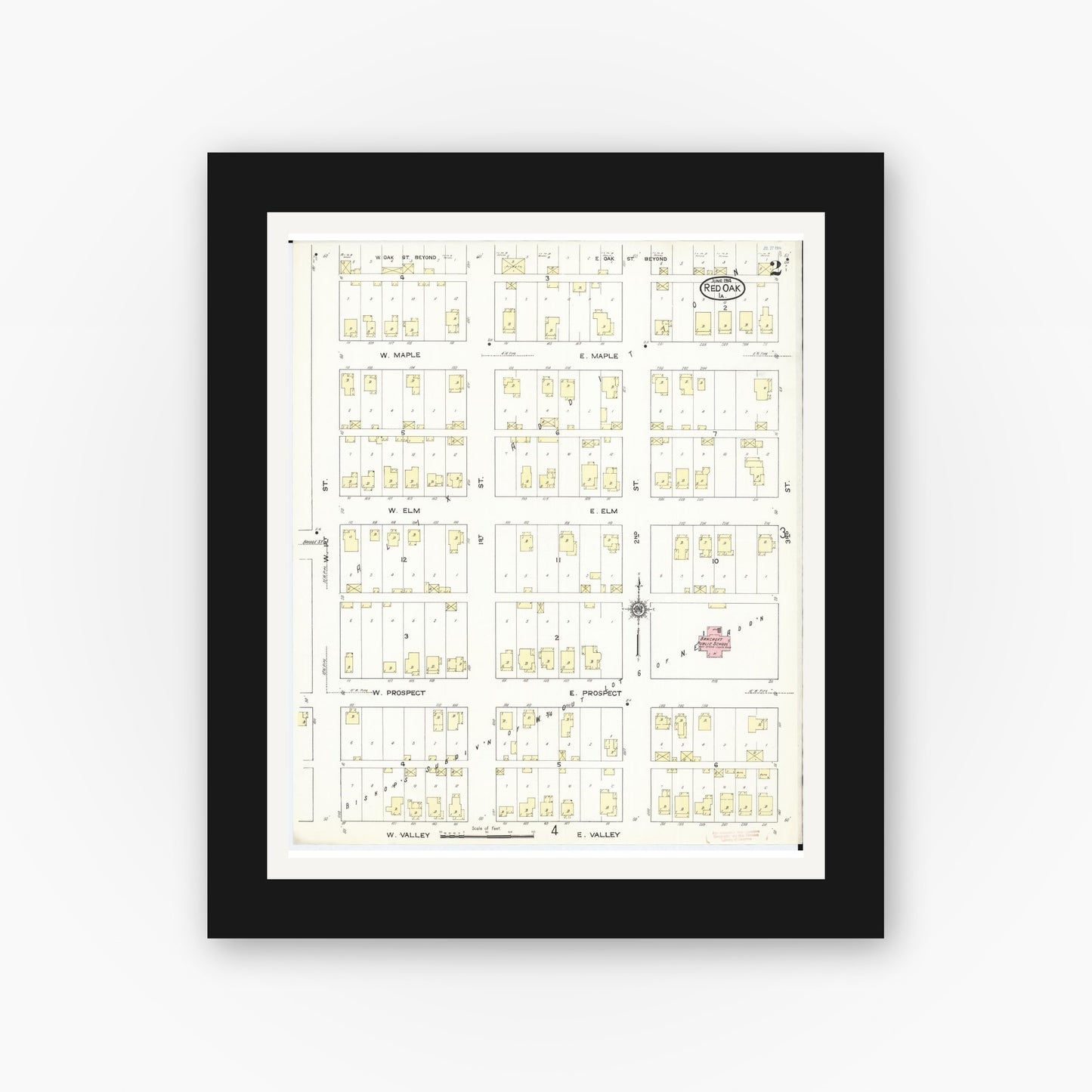 Old map wall art mockup — black gallery frame with white mat — Sanborn Fire Insurance Map from Red Oak, Montgomery County, Iowa (1914), Sheet #0002