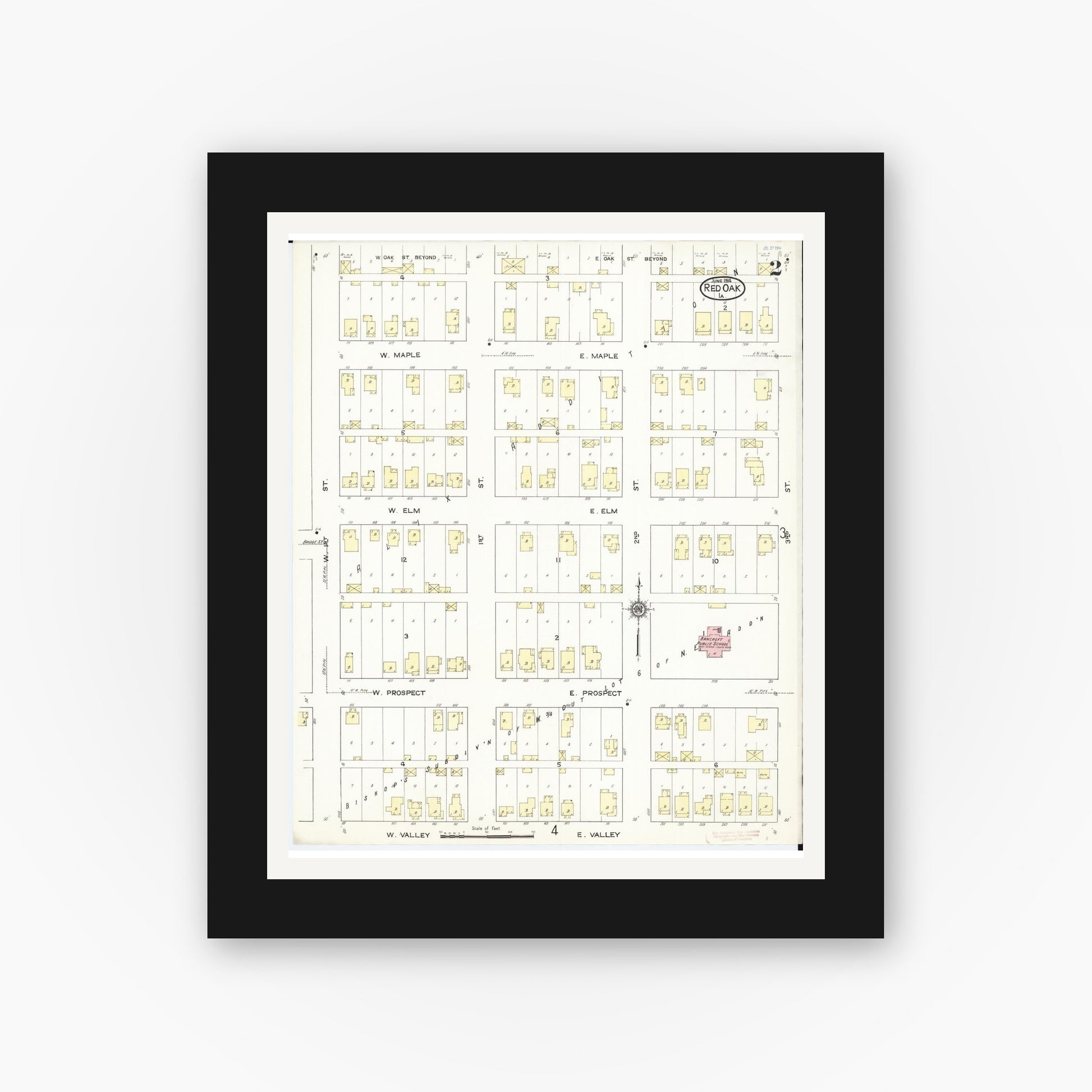 Old map wall art mockup — black gallery frame with white mat — Sanborn Fire Insurance Map from Red Oak, Montgomery County, Iowa (1914), Sheet #0002