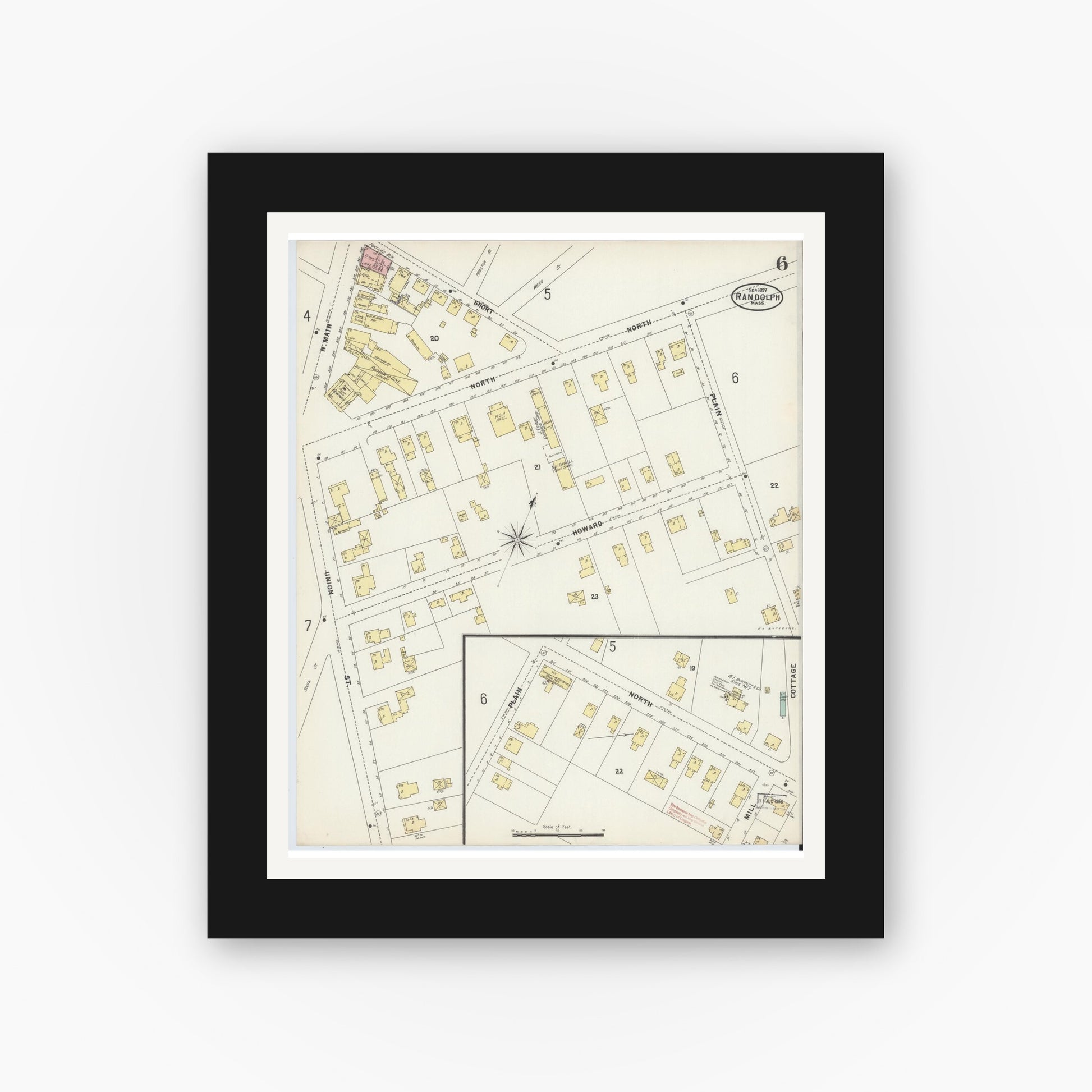 Old map wall art mockup — black gallery frame with white mat — Sanborn Fire Insurance Map from Randolph, Norfolk County, Massachusetts (1897), Sheet #0006