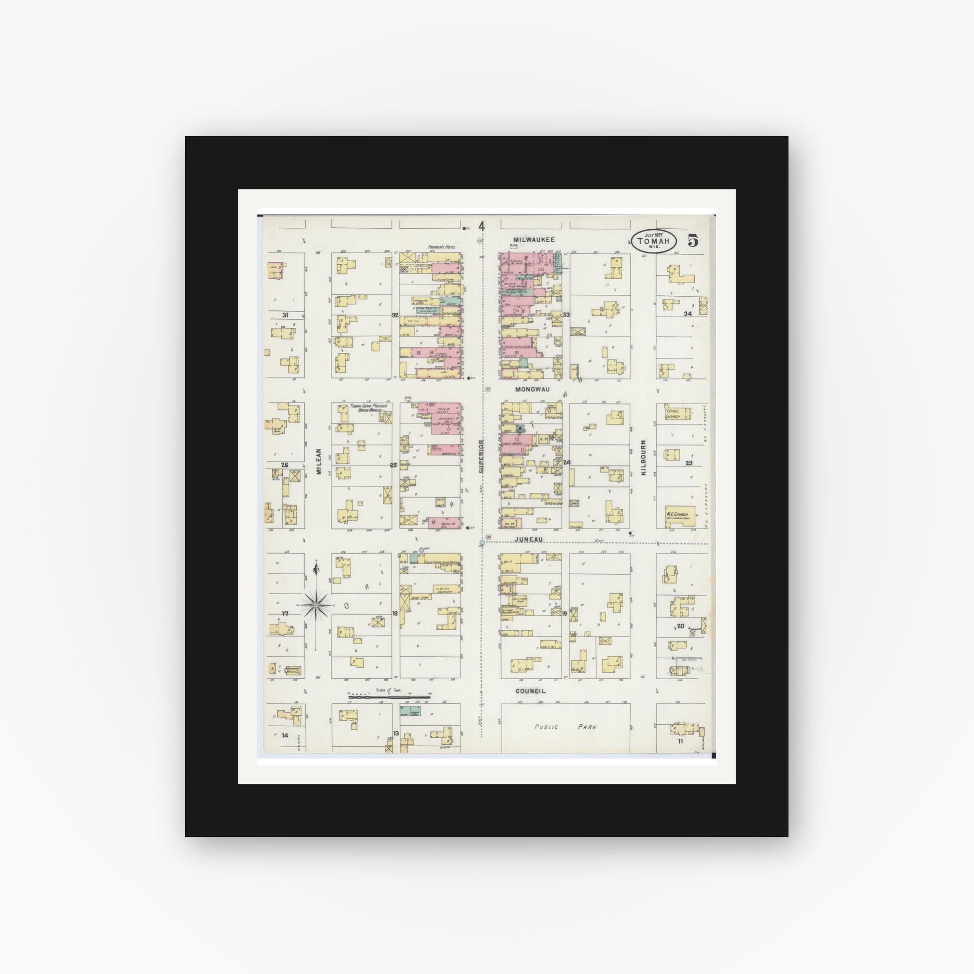Old map wall art mockup — black gallery frame with white mat — Sanborn Fire Insurance Map from Tomah, Monroe County, Wisconsin (1897), Sheet #0005