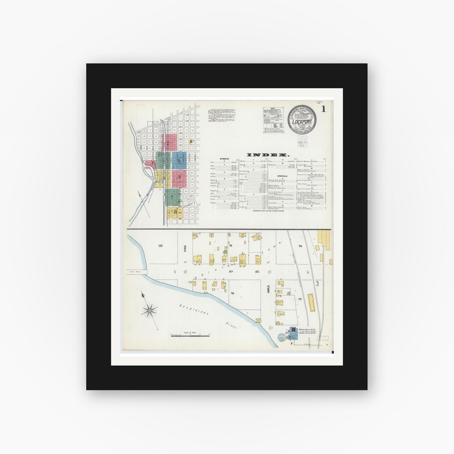 Old map wall art mockup — black gallery frame with white mat — Sanborn Fire Insurance Map from Lockport, Will County, Illinois (1902), Sheet #0001