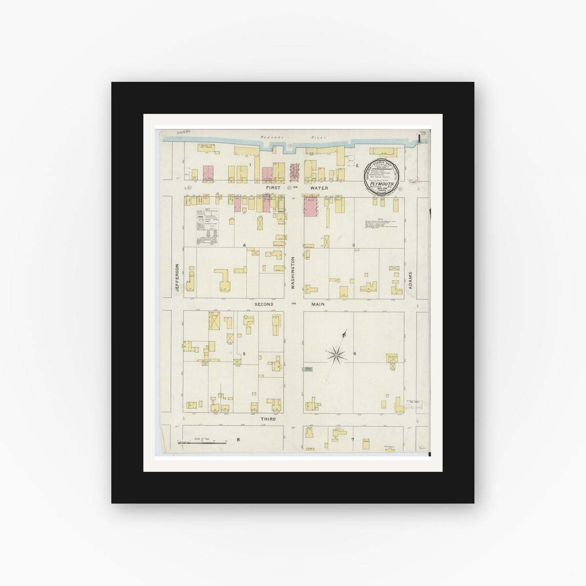 Old map wall art mockup — black gallery frame with white mat — Sanborn Fire Insurance Map from Plymouth, Washington County, North Carolina (1894) - Complete Map Set