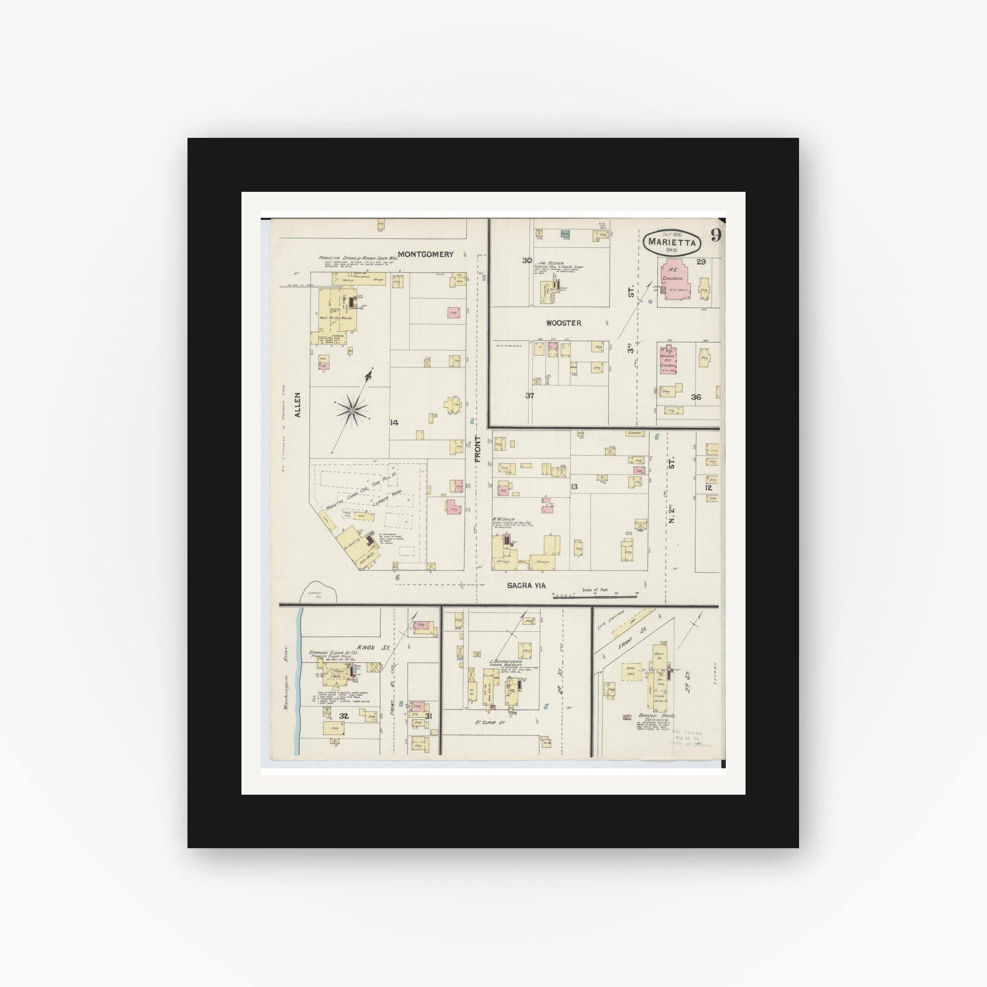 Old map wall art mockup — black gallery frame with white mat — Sanborn Fire Insurance Map from Marietta, Washington County, Ohio (1890), Sheet #0009