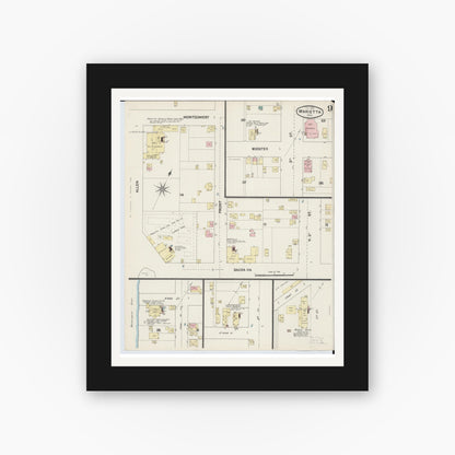 Old map wall art mockup — black gallery frame with white mat — Sanborn Fire Insurance Map from Marietta, Washington County, Ohio (1890), Sheet #0009