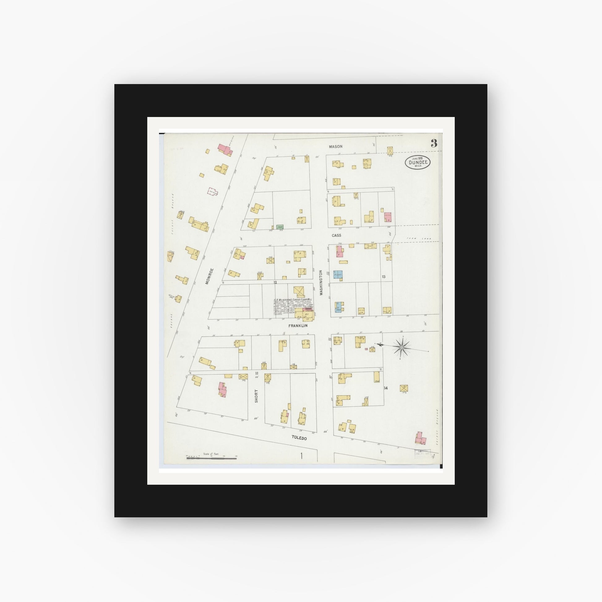 Old map wall art mockup — black gallery frame with white mat — Sanborn Fire Insurance Map from Dundee, Monroe County, Michigan (1899), Sheet #0003