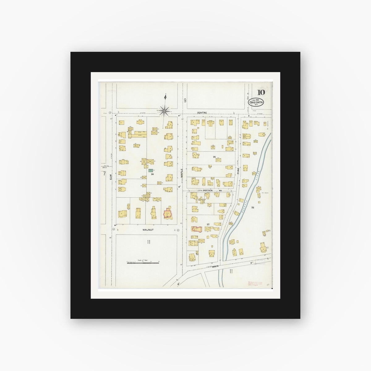 Old map wall art mockup — black gallery frame with white mat — Sanborn Fire Insurance Map from Oneonta, Otsego County, New York (1905), Sheet #0010