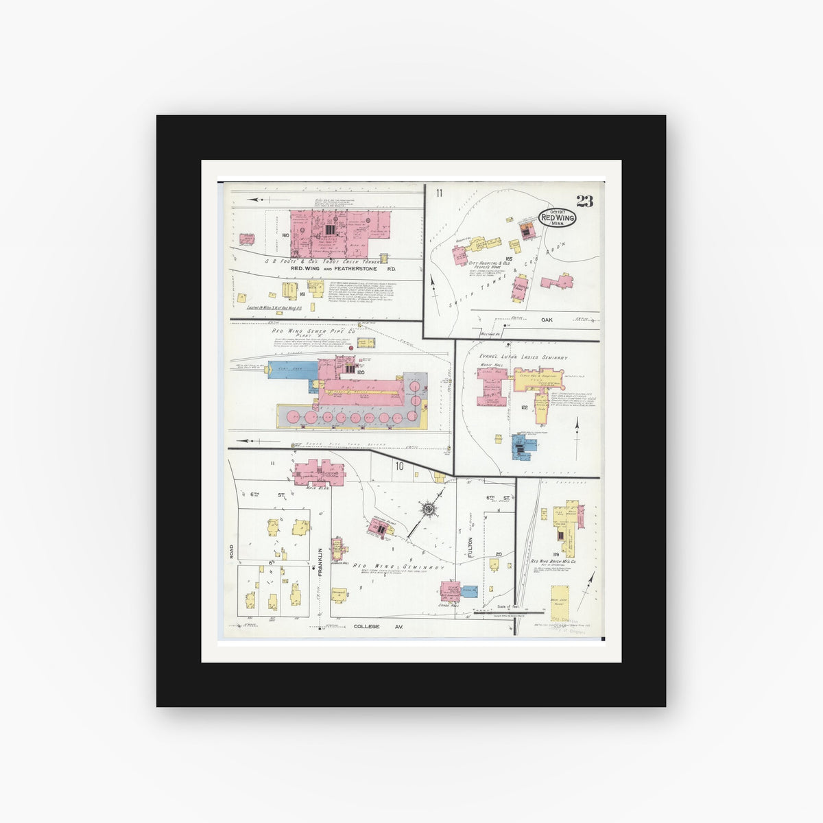 Old map wall art mockup — black gallery frame with white mat — Sanborn Fire Insurance Map from Red Wing, Goodhue County, Minnesota (1917), Sheet #0023