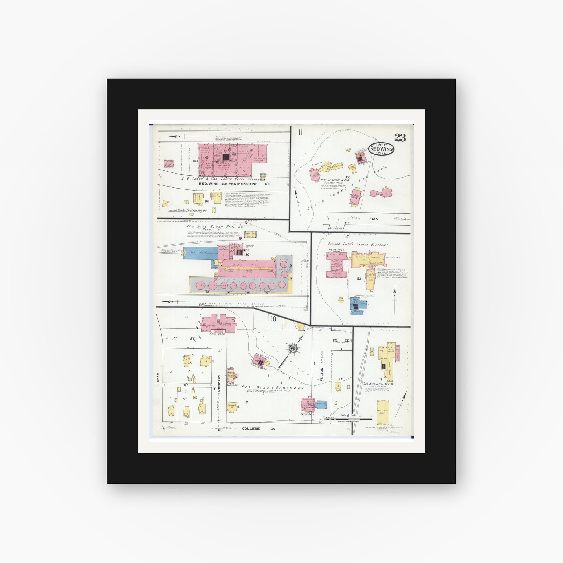 Old map wall art mockup — black gallery frame with white mat — Sanborn Fire Insurance Map from Red Wing, Goodhue County, Minnesota (1917), Sheet #0023
