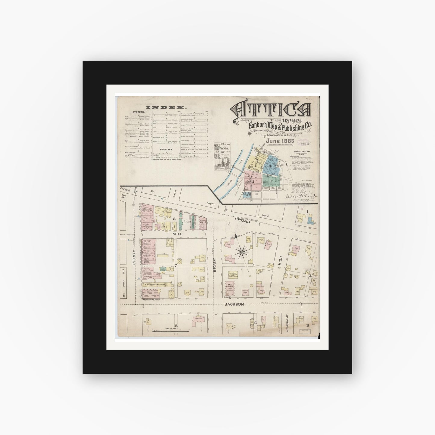 Old map wall art mockup — black gallery frame with white mat — Sanborn Fire Insurance Map from Attica, Fountain County, Indiana (1886), Sheet #0001