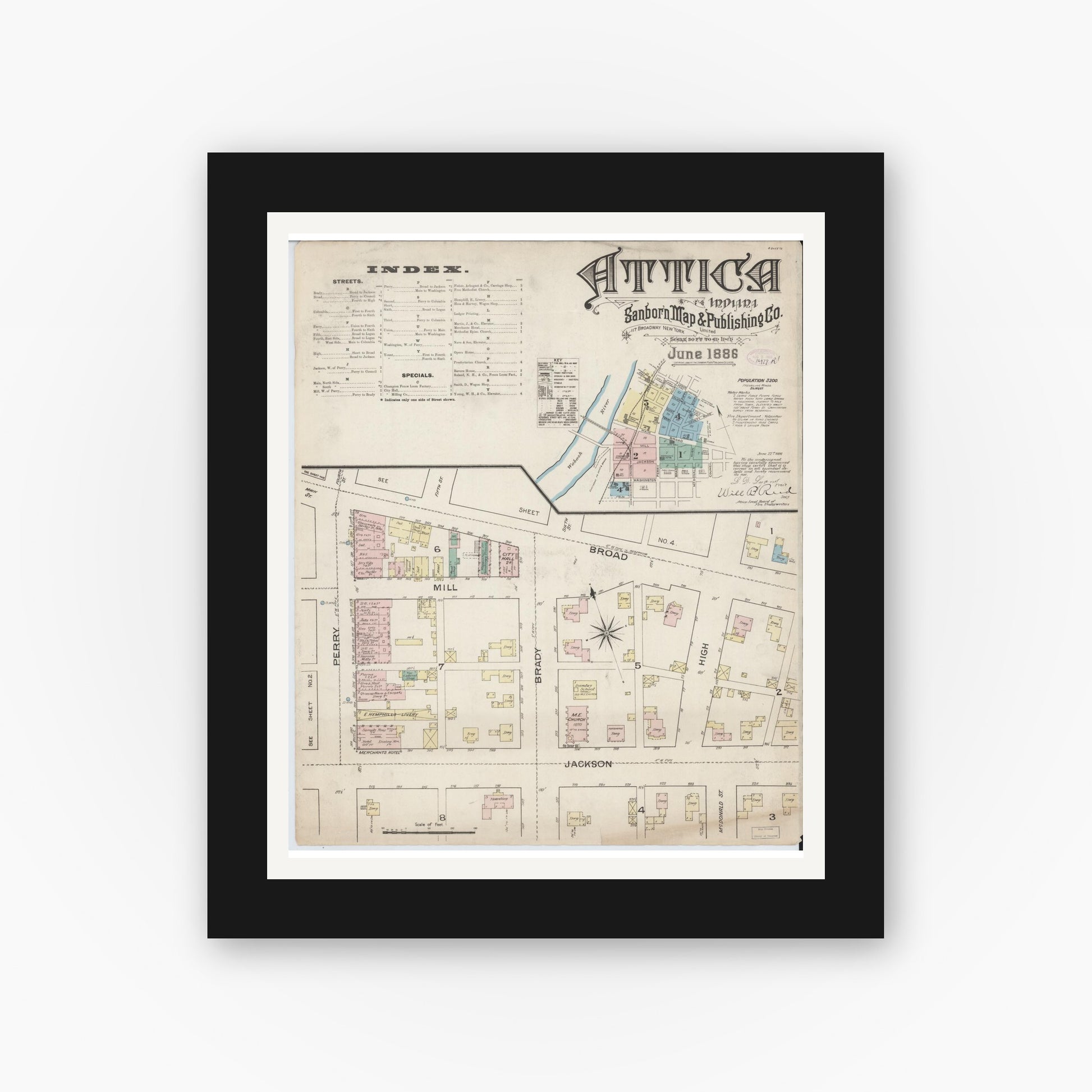 Old map wall art mockup — black gallery frame with white mat — Sanborn Fire Insurance Map from Attica, Fountain County, Indiana (1886), Sheet #0001