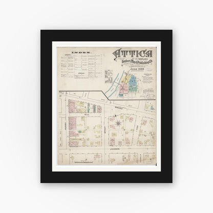Old map wall art mockup — black gallery frame with white mat — Sanborn Fire Insurance Map from Attica, Fountain County, Indiana (1886), Sheet #0001