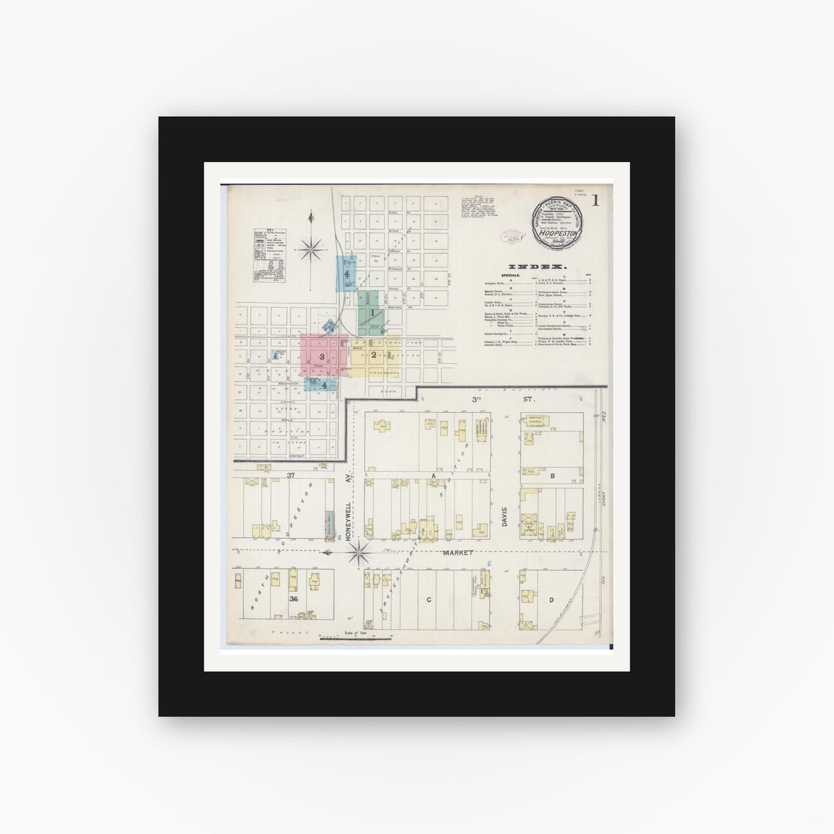 Old map wall art mockup — black gallery frame with white mat — Sanborn Fire Insurance Map from Hoopeston, Vermilion County, Illinois (1890) - Complete Map Set