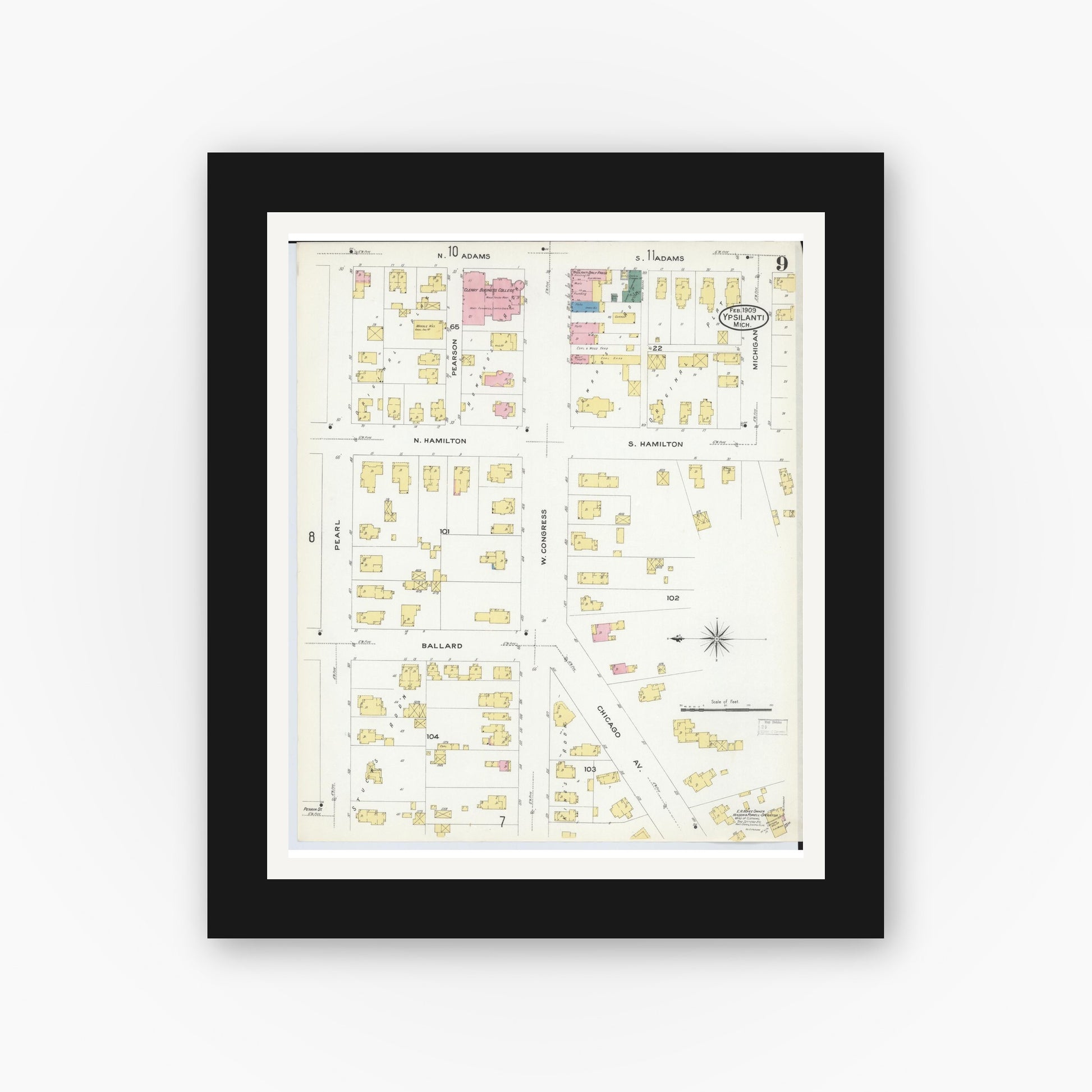 Old map wall art mockup — black gallery frame with white mat — Sanborn Fire Insurance Map from Ypsilanti, Washtenaw County, Michigan (1909), Sheet #0009