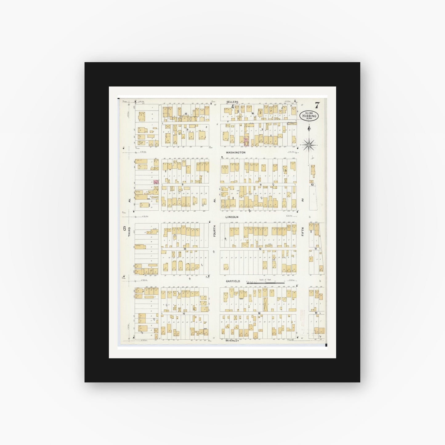 Old map wall art mockup — black gallery frame with white mat — Sanborn Fire Insurance Map from Hibbing, Saint Louis County, Minnesota (1908), Sheet #0007