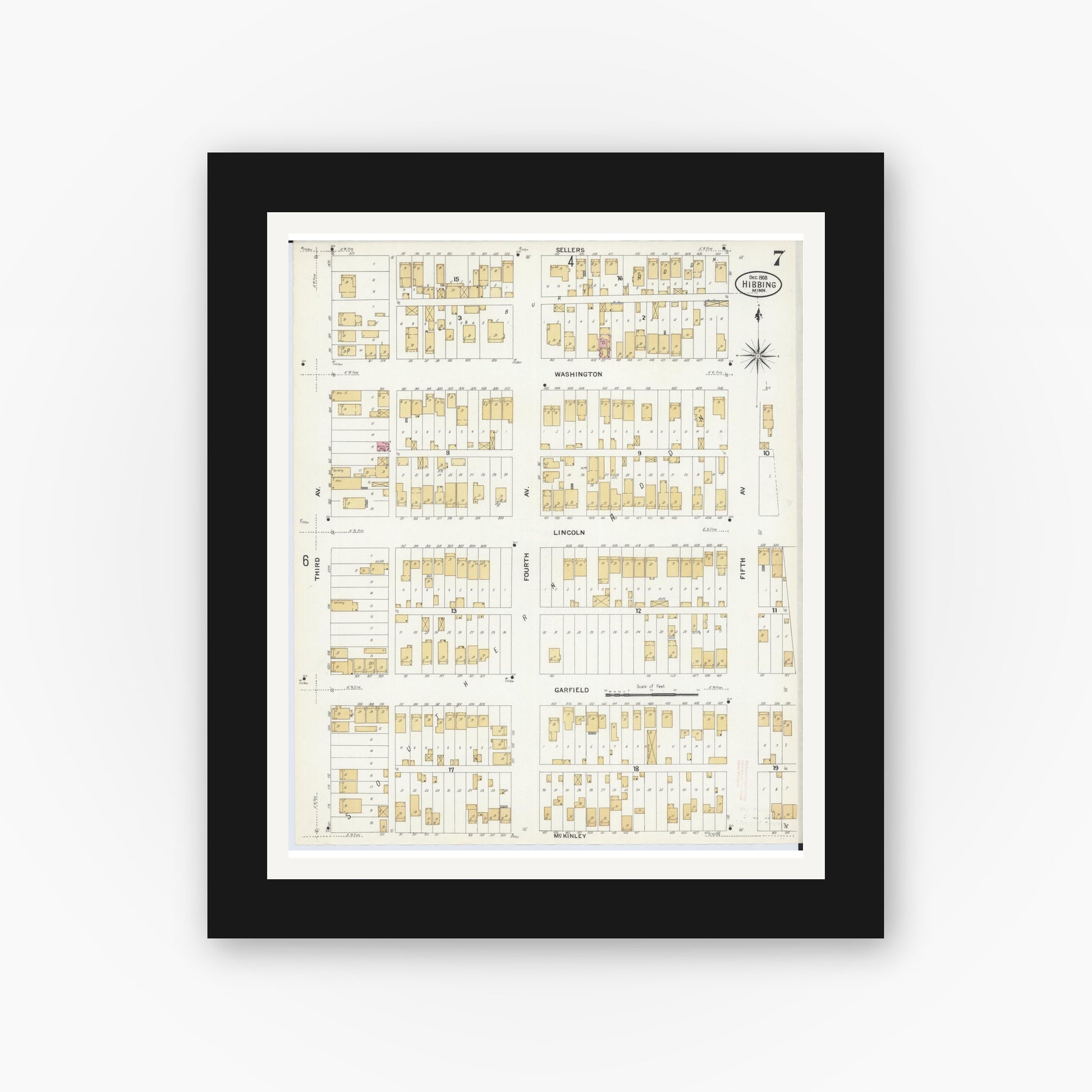 Old map wall art mockup — black gallery frame with white mat — Sanborn Fire Insurance Map from Hibbing, Saint Louis County, Minnesota (1908), Sheet #0007
