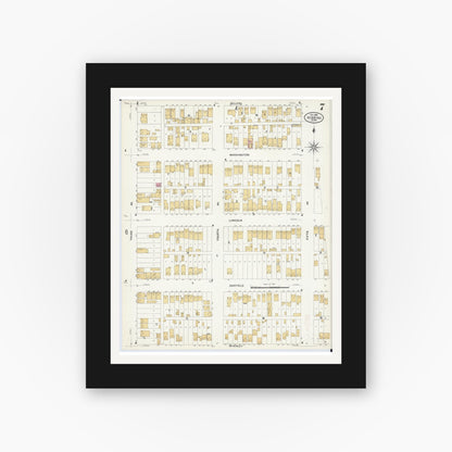 Old map wall art mockup — black gallery frame with white mat — Sanborn Fire Insurance Map from Hibbing, Saint Louis County, Minnesota (1908), Sheet #0007