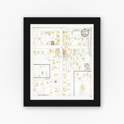 Old map wall art mockup — black gallery frame with white mat — Sanborn Fire Insurance Map from West Branch, Cedar County, Iowa (1900) â€” Complete Set