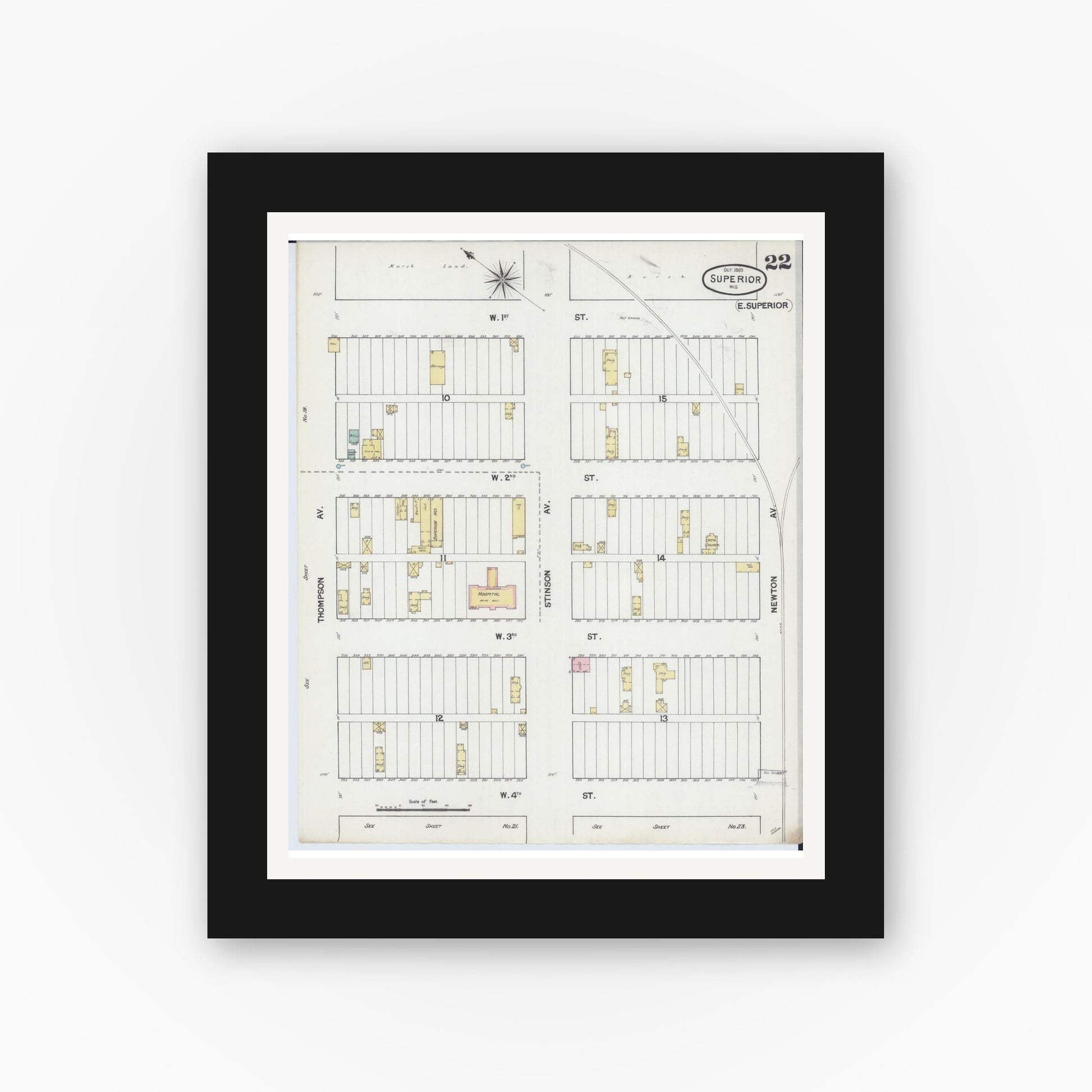 Old map wall art mockup — black gallery frame with white mat — Sanborn Fire Insurance Map from Superior, Douglas County, Wisconsin (1889), Sheet #0022