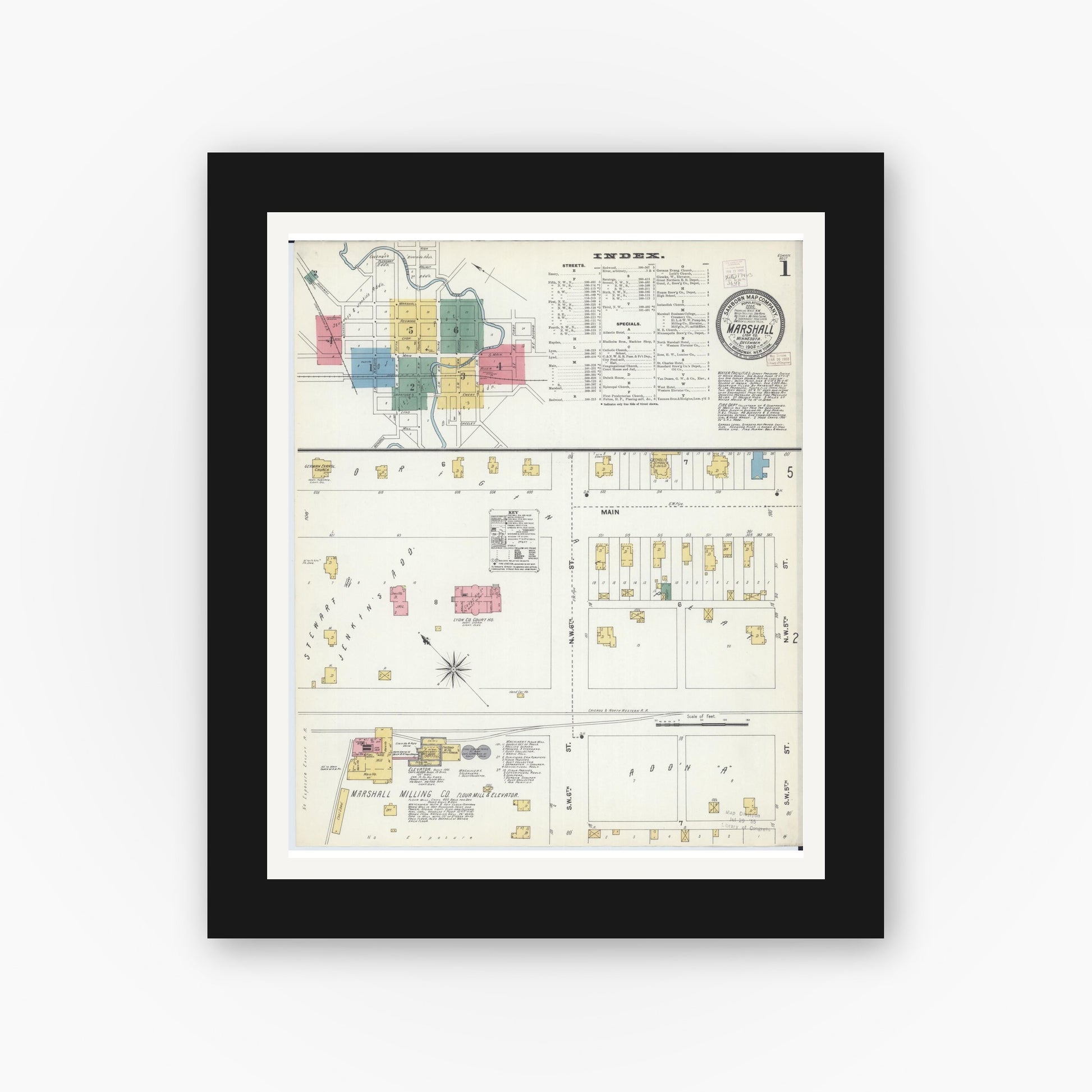 Old map wall art mockup — black gallery frame with white mat — Sanborn Fire Insurance Map from Marshall, Lyon County, Minnesota (1902) - Complete Map Set