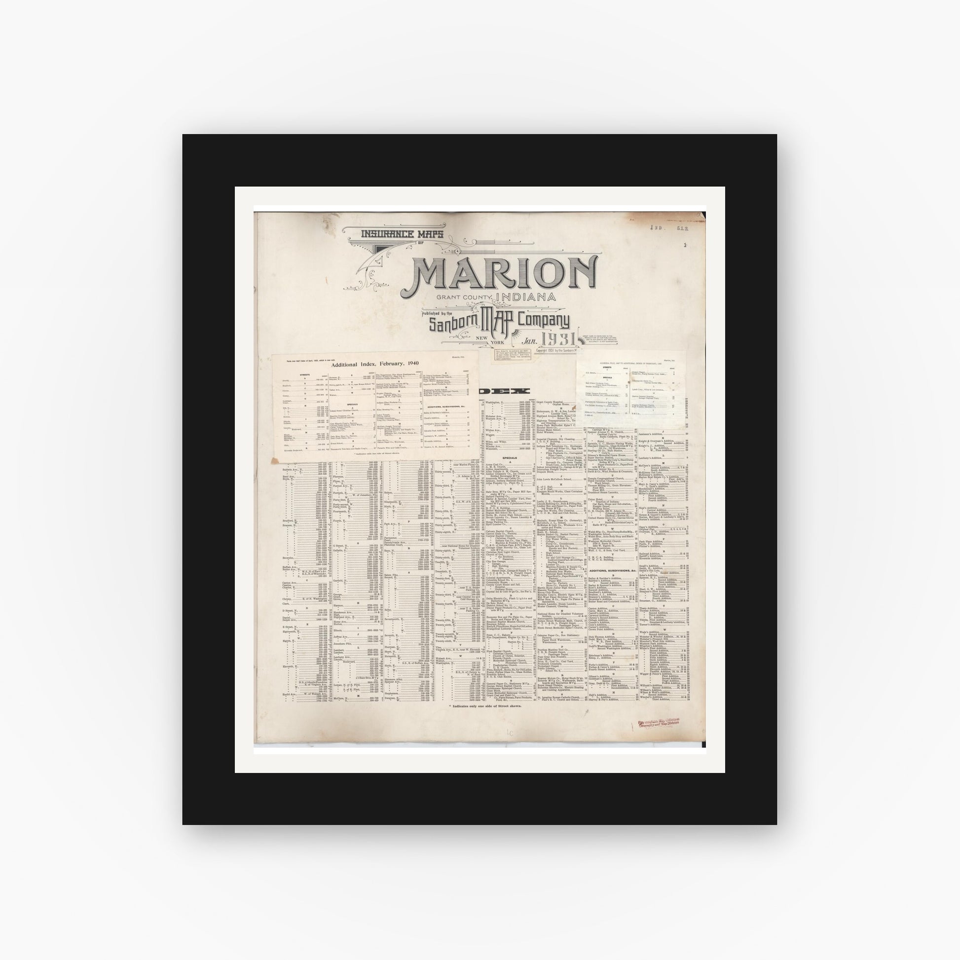 Old map wall art mockup — black gallery frame with white mat — Sanborn Fire Insurance Map from Marion, Grant County, Indiana (1947), Sheet #0001