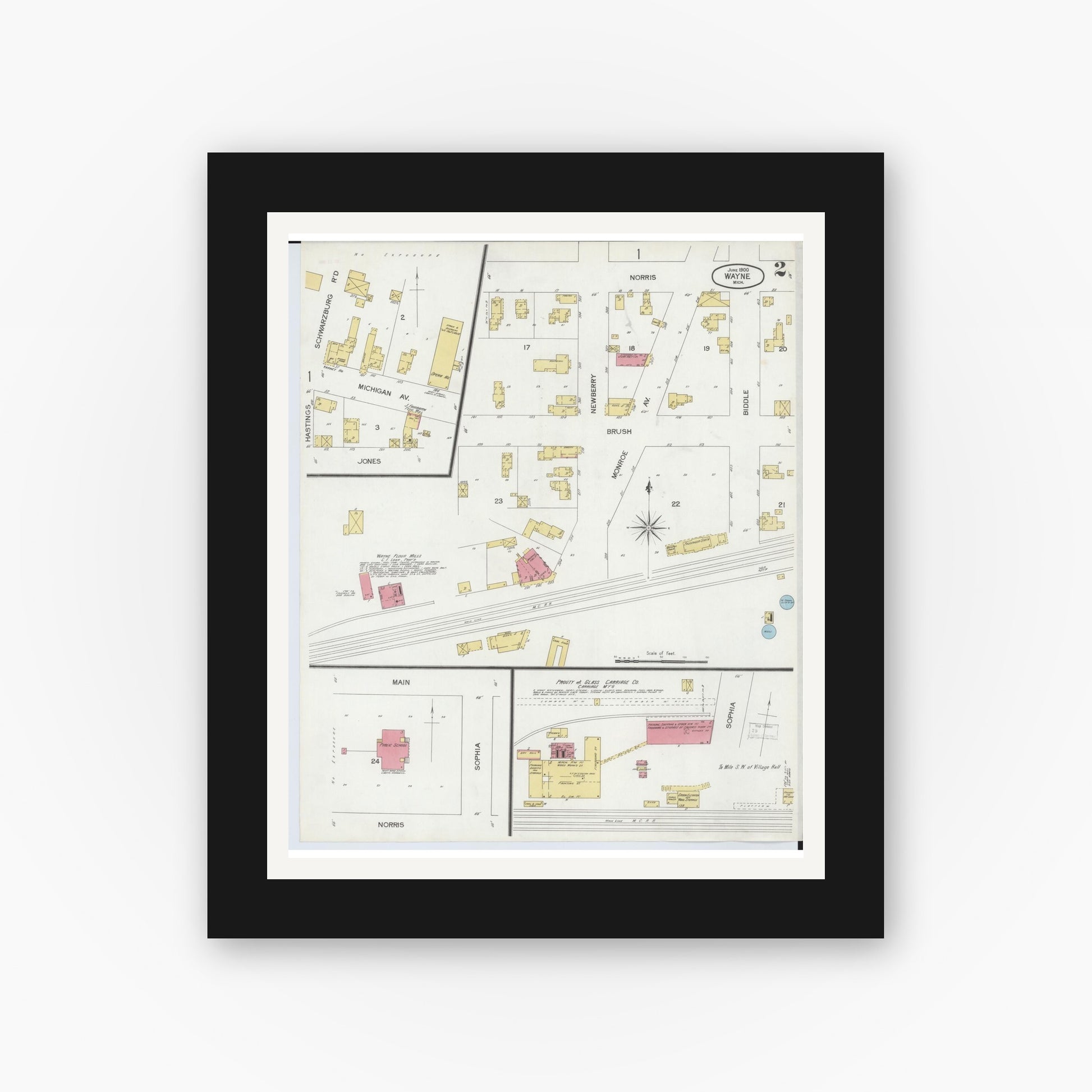 Old map wall art mockup — black gallery frame with white mat — Sanborn Fire Insurance Map from Wayne, Wayne County, Michigan (1900), Sheet #0002