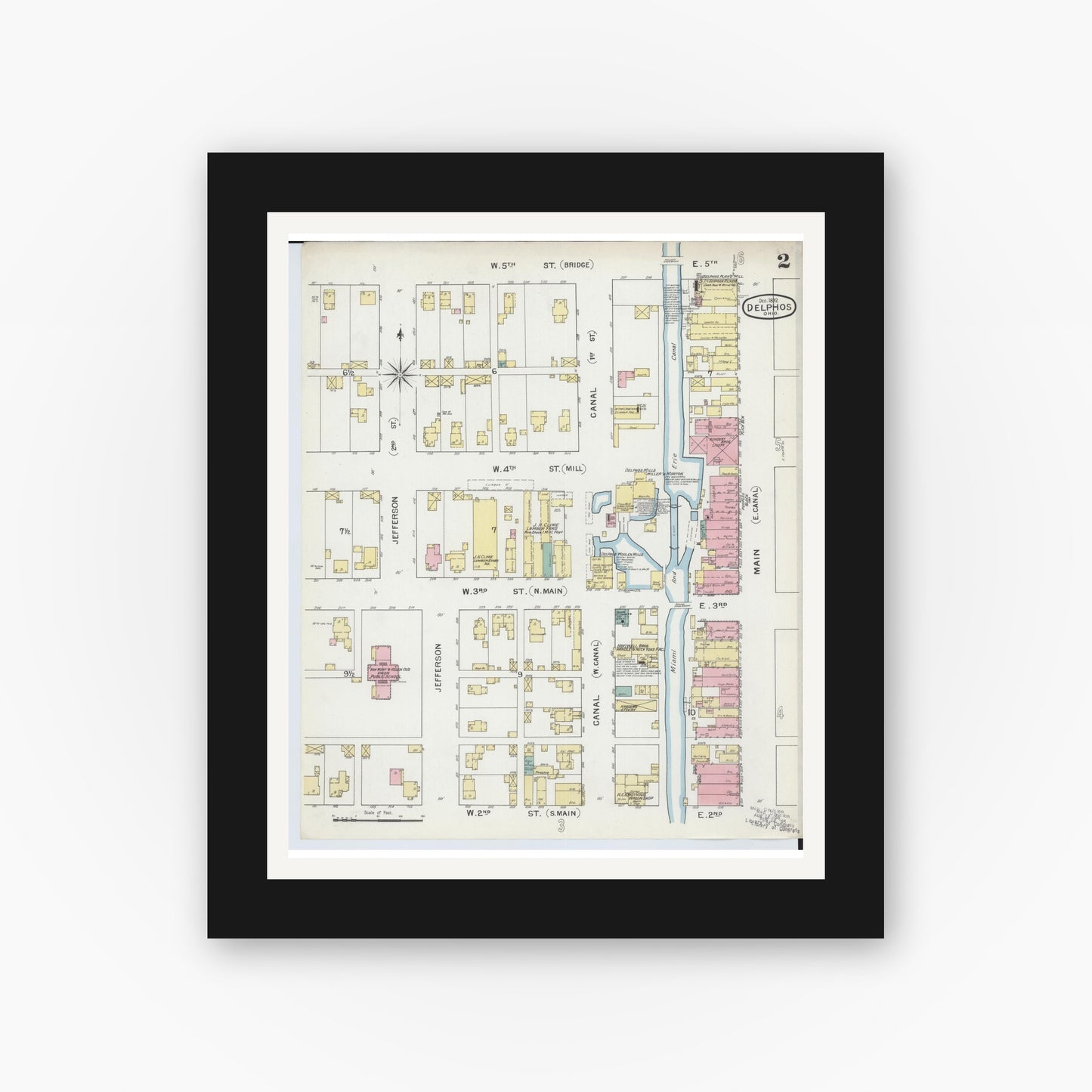 Old map wall art mockup — black gallery frame with white mat — Sanborn Fire Insurance Map from Delphos, Van Wert And Allen Counties, Ohio (1892), Sheet #0002