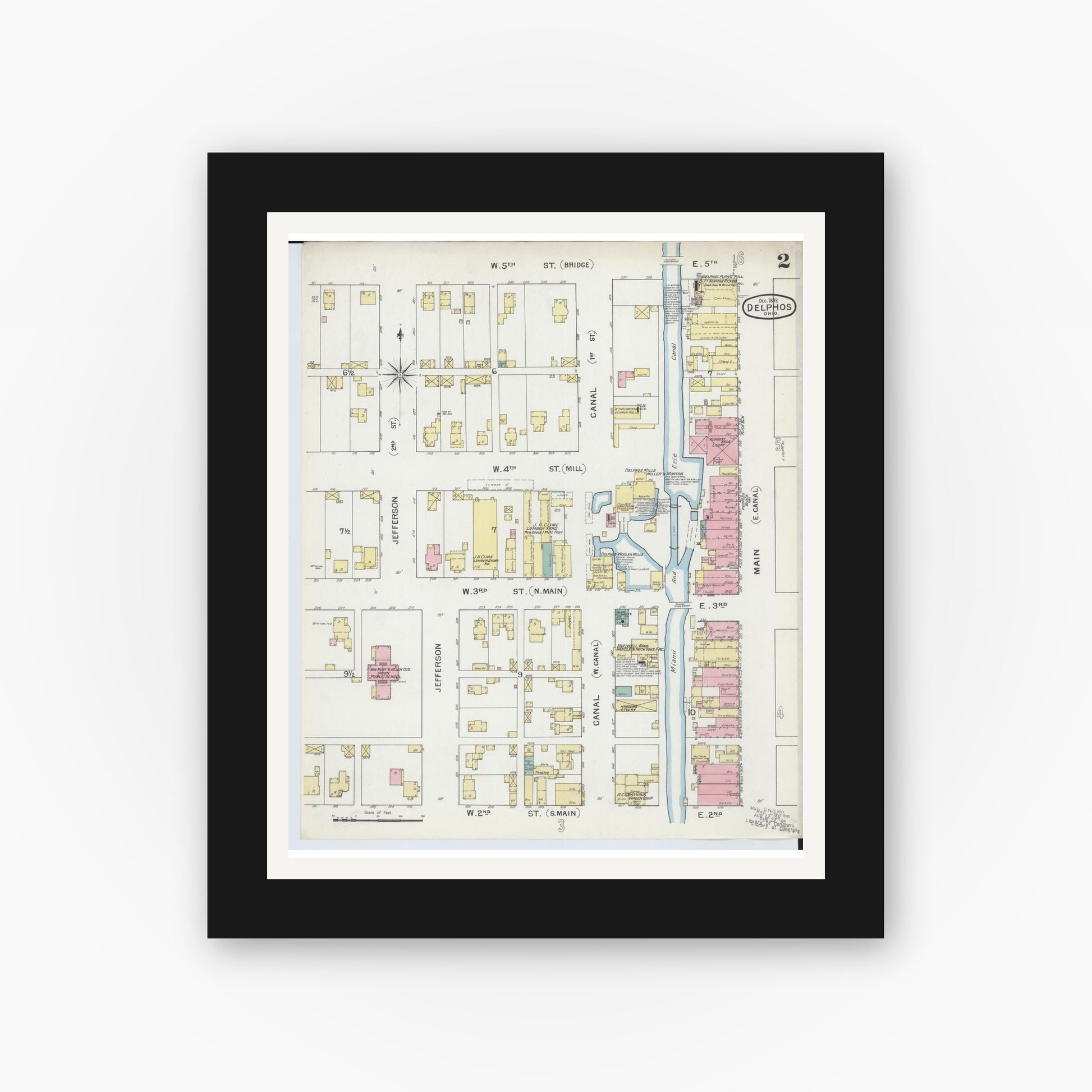 Old map wall art mockup — black gallery frame with white mat — Sanborn Fire Insurance Map from Delphos, Van Wert And Allen Counties, Ohio (1892), Sheet #0002