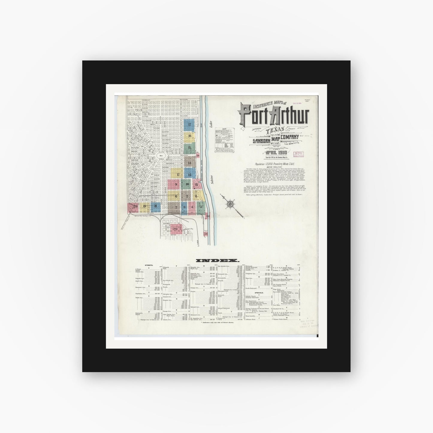 Old map wall art mockup — black gallery frame with white mat — Sanborn Fire Insurance Map from Port Arthur, Jefferson County, Texas (1910) - Complete Map Set