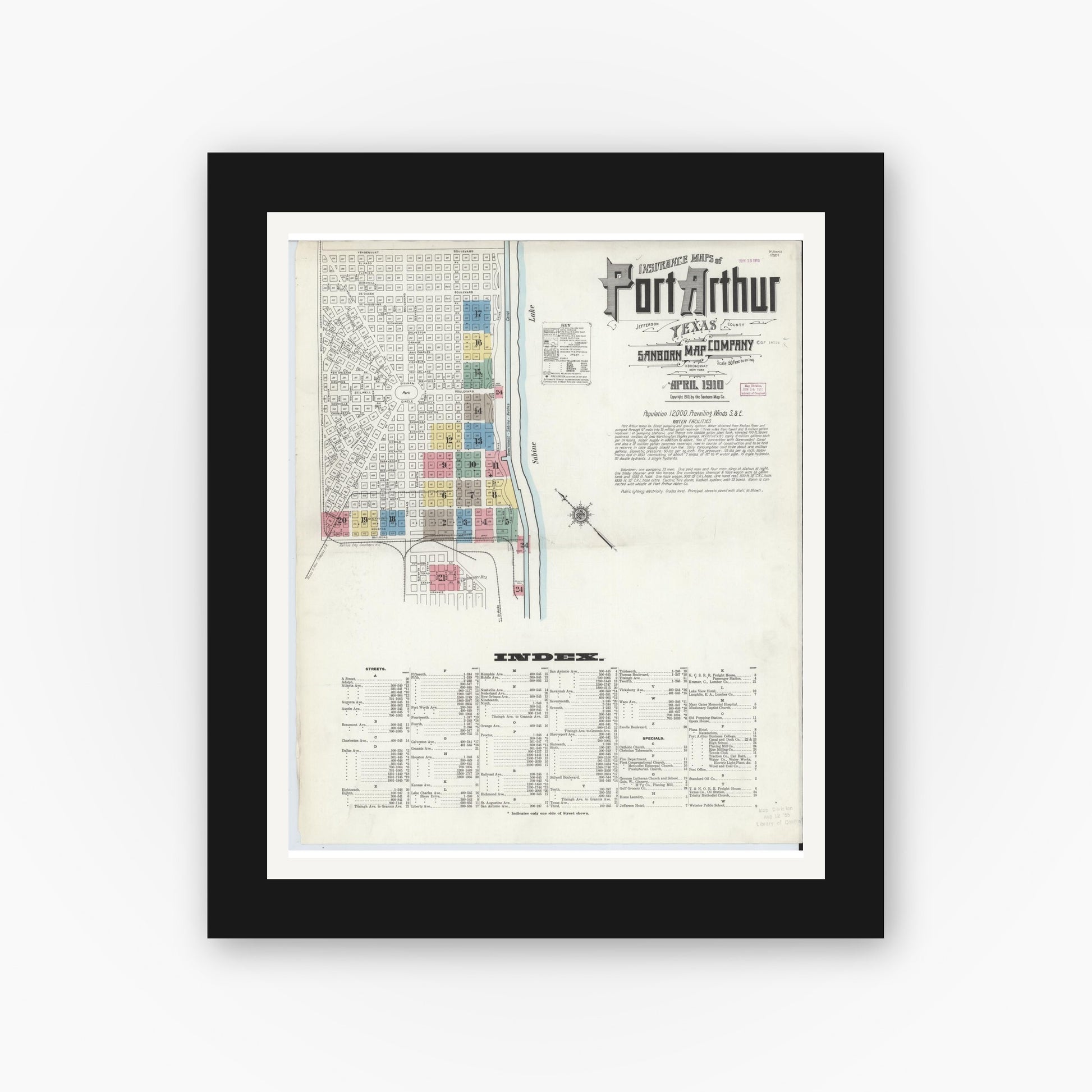 Old map wall art mockup — black gallery frame with white mat — Sanborn Fire Insurance Map from Port Arthur, Jefferson County, Texas (1910) - Complete Map Set