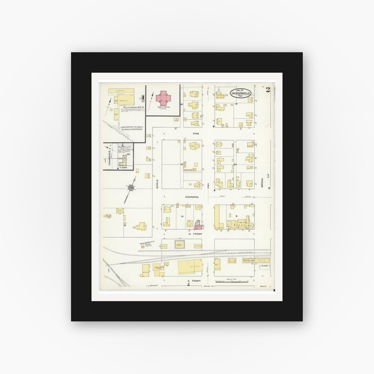 Old map wall art mockup — black gallery frame with white mat — Sanborn Fire Insurance Map from Jacksonville, Cherokee County, Texas (1911), Sheet #0002