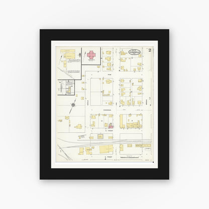 Old map wall art mockup — black gallery frame with white mat — Sanborn Fire Insurance Map from Jacksonville, Cherokee County, Texas (1911), Sheet #0002