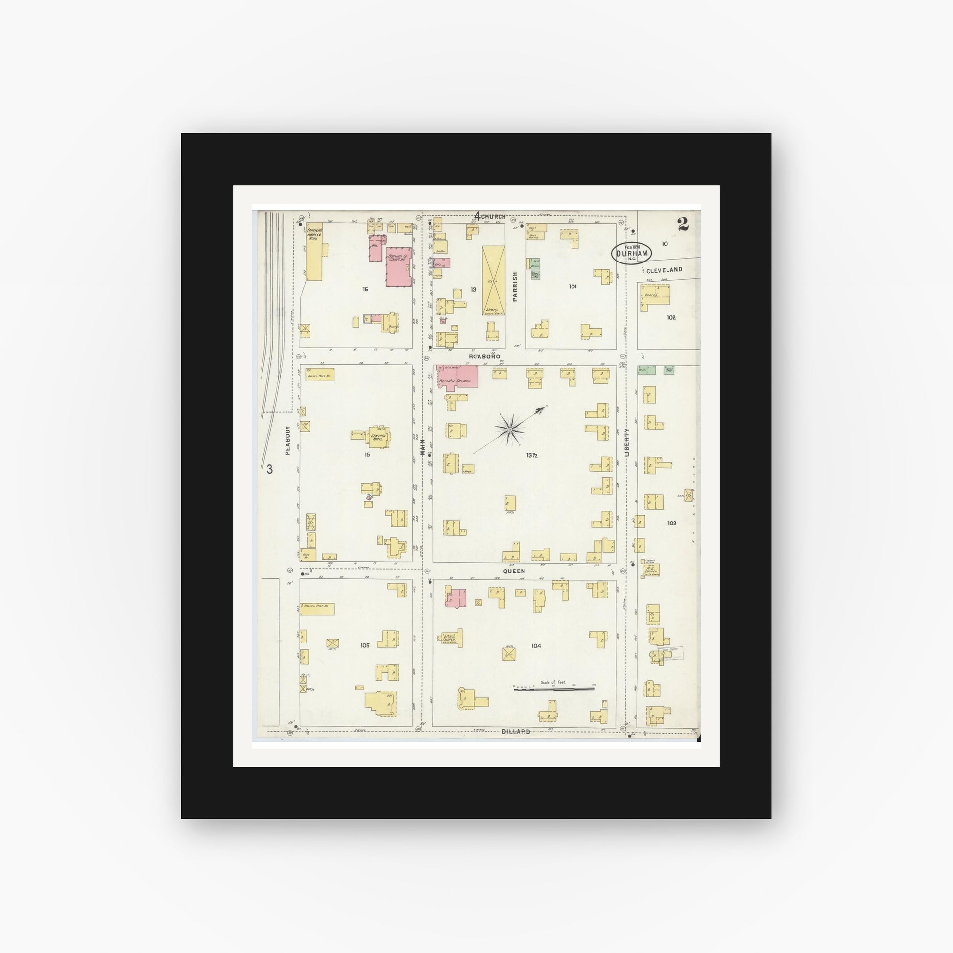 Old map wall art mockup — black gallery frame with white mat — Sanborn Fire Insurance Map from Durham, Durham County, North Carolina (1898), Sheet #0002