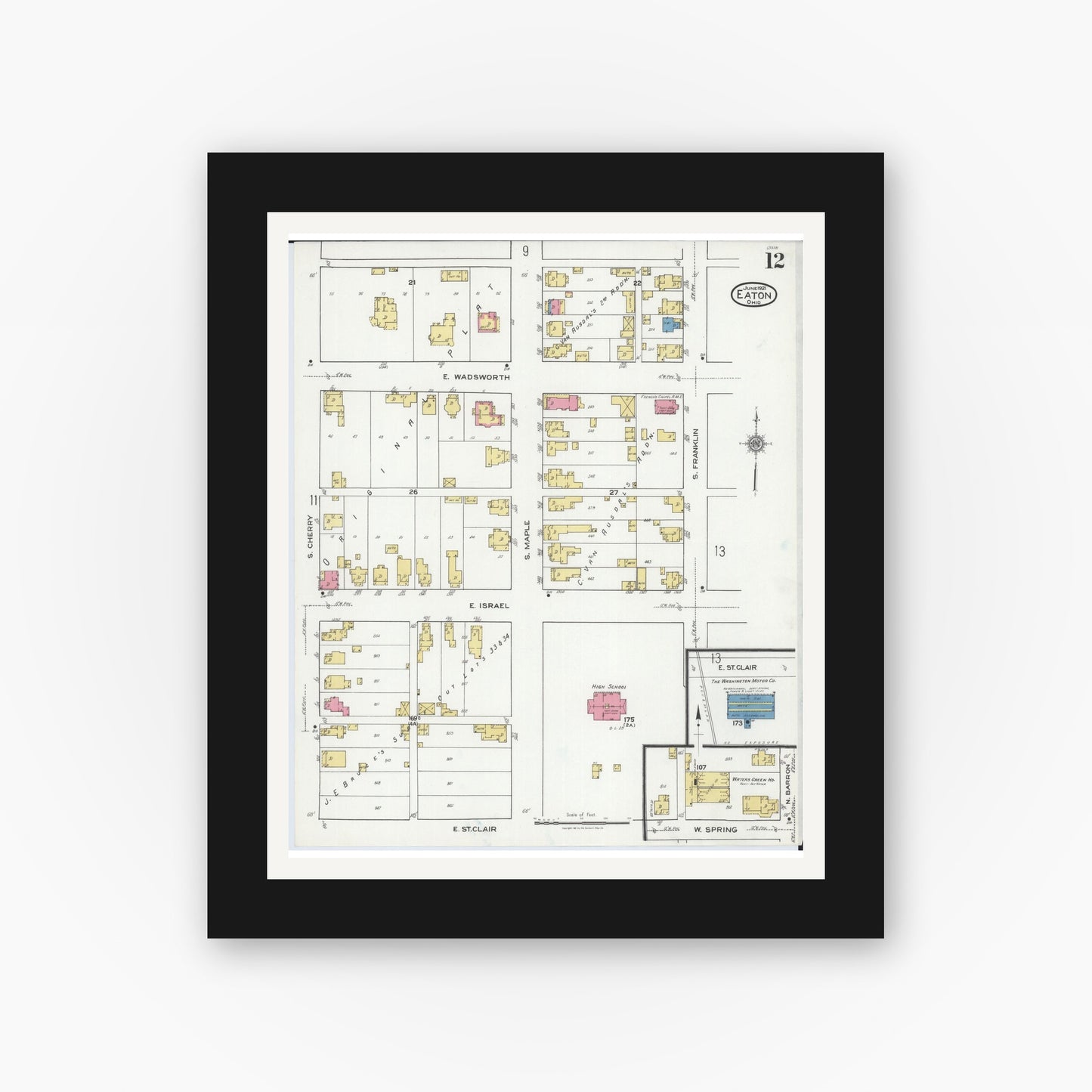 Old map wall art mockup — black gallery frame with white mat — Sanborn Fire Insurance Map from Eaton, Preble County, Ohio (1921), Sheet #0012