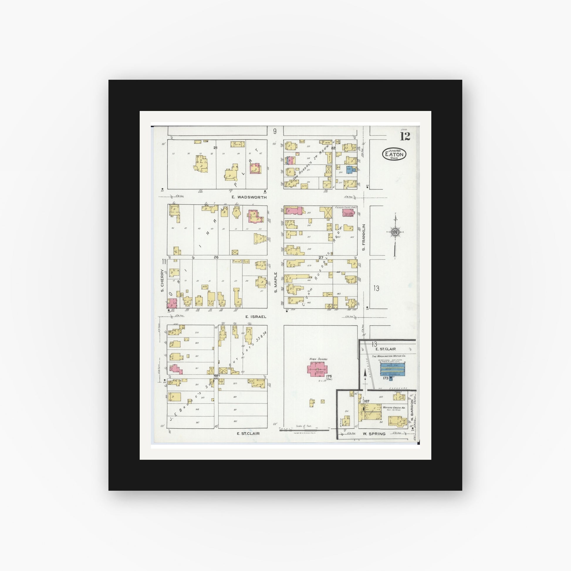 Old map wall art mockup — black gallery frame with white mat — Sanborn Fire Insurance Map from Eaton, Preble County, Ohio (1921), Sheet #0012