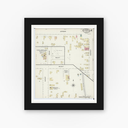 Old map wall art mockup — black gallery frame with white mat — Sanborn Fire Insurance Map from Jefferson, Ashtabula County, Ohio (1890), Sheet #0004