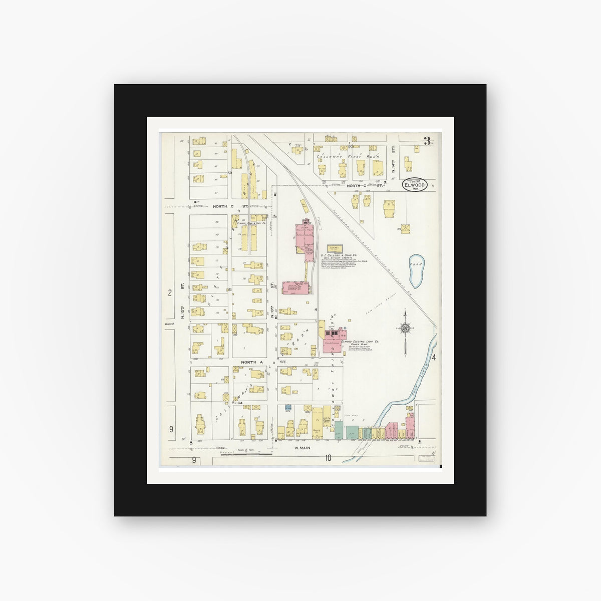 Old map wall art mockup — black gallery frame with white mat — Sanborn Fire Insurance Map from Elwood, Madison County, Indiana (1910), Sheet #0003