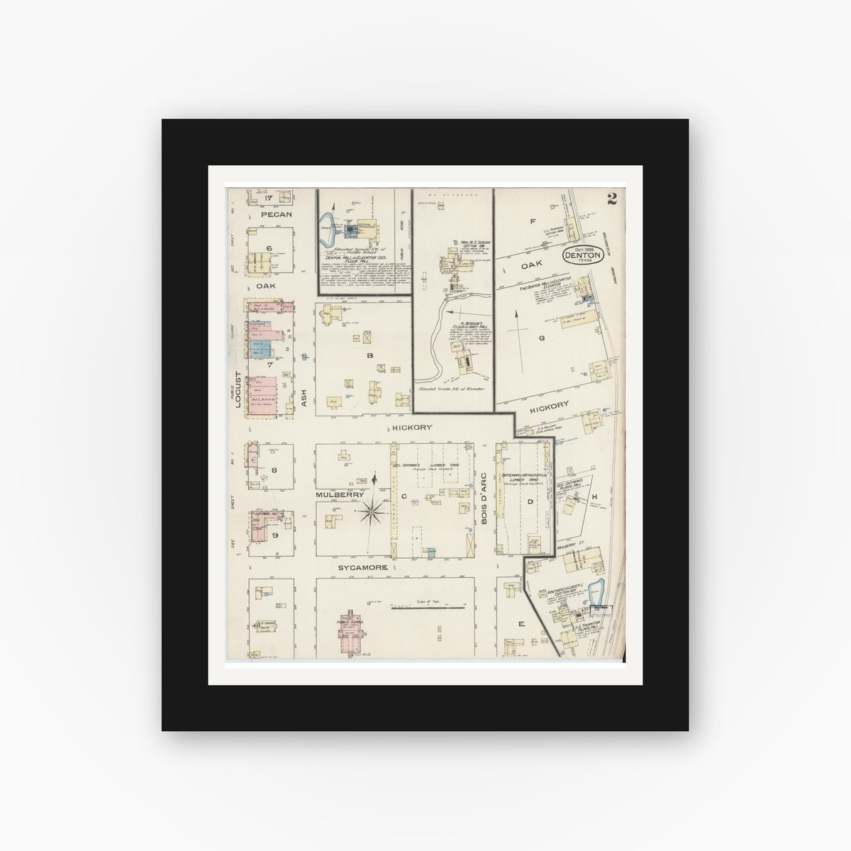 Old map wall art mockup — black gallery frame with white mat — Sanborn Fire Insurance Map from Denton, Denton County, Texas (1885), Sheet #0002